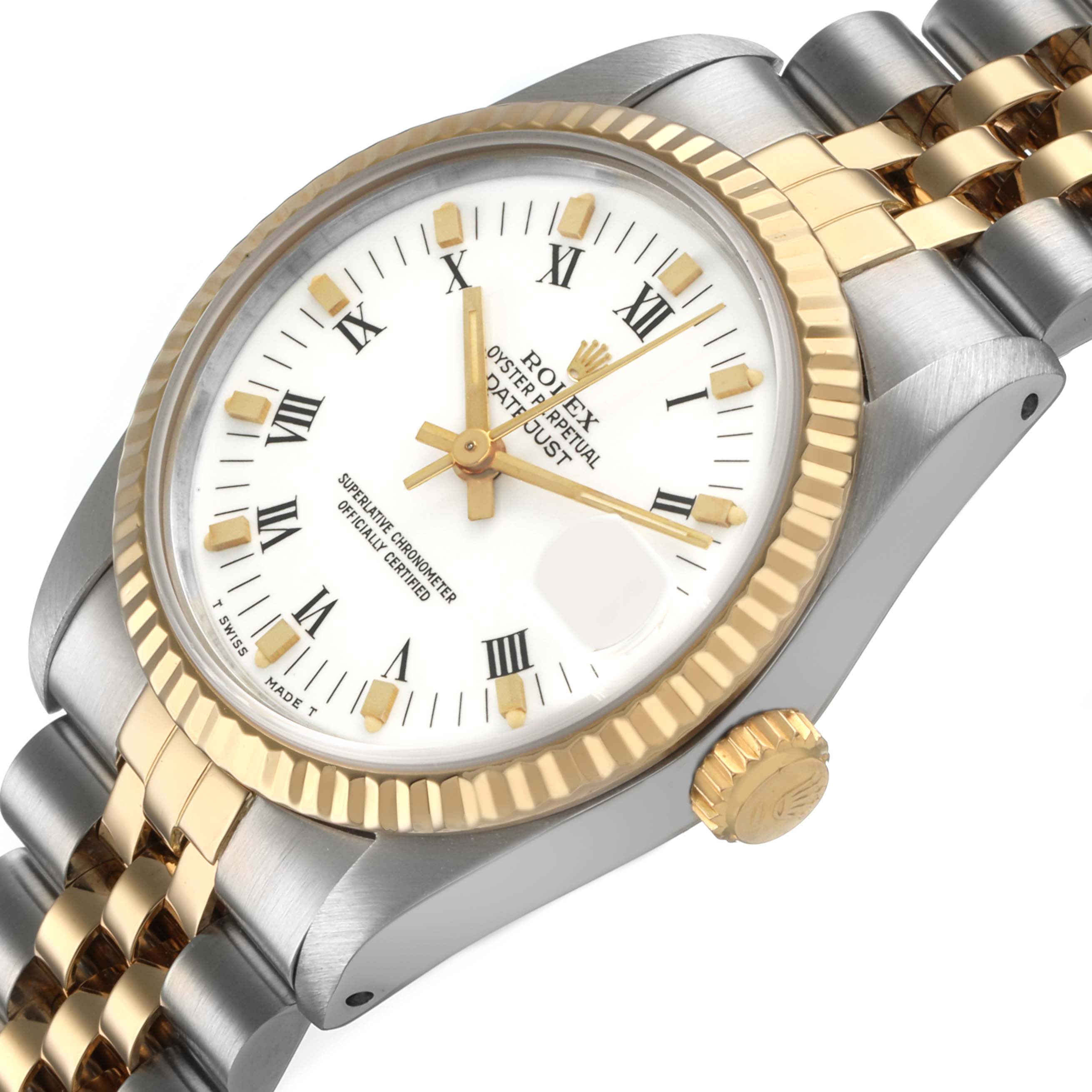 The Rolex Mid-Size 68273 Women's Steel and Gold (two tone) White Dial model is shown at an angled view, displaying the face, bezel, crown, and part of the bracelet.