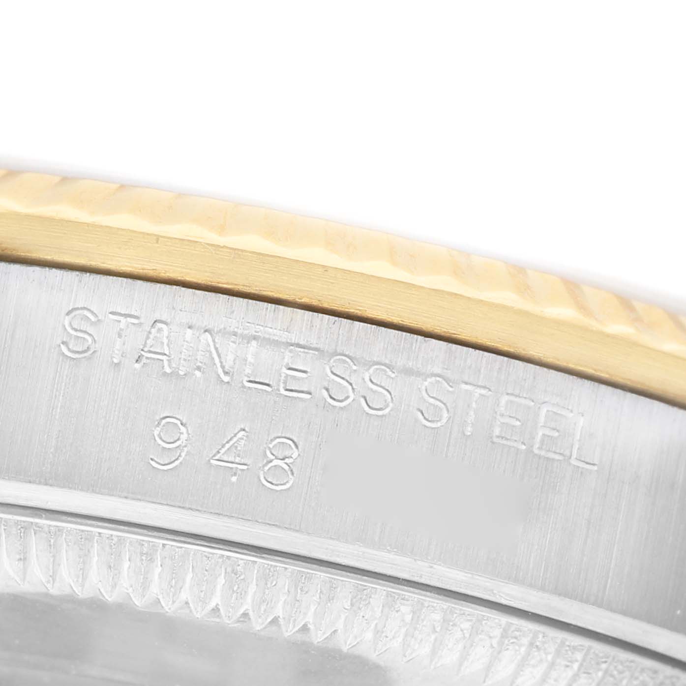 The image shows a close-up side angle of the Rolex Mid-Size 68273 Women's Steel and Gold (two tone) White Dial watch, highlighting the stainless steel and gold bezel.