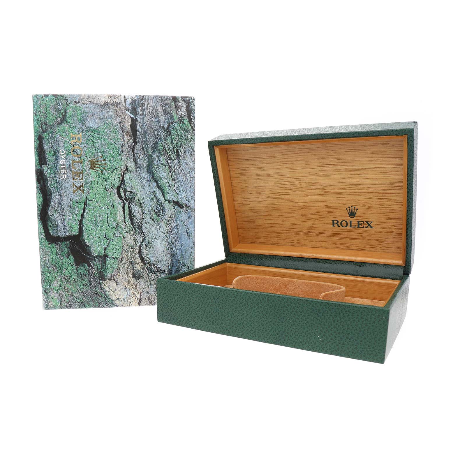 The image shows the open box and outer packaging for a Rolex Mid-Size 68273 Women's Steel and Gold (two tone) White Dial model, featuring a textured green exterior with a wooden interior.