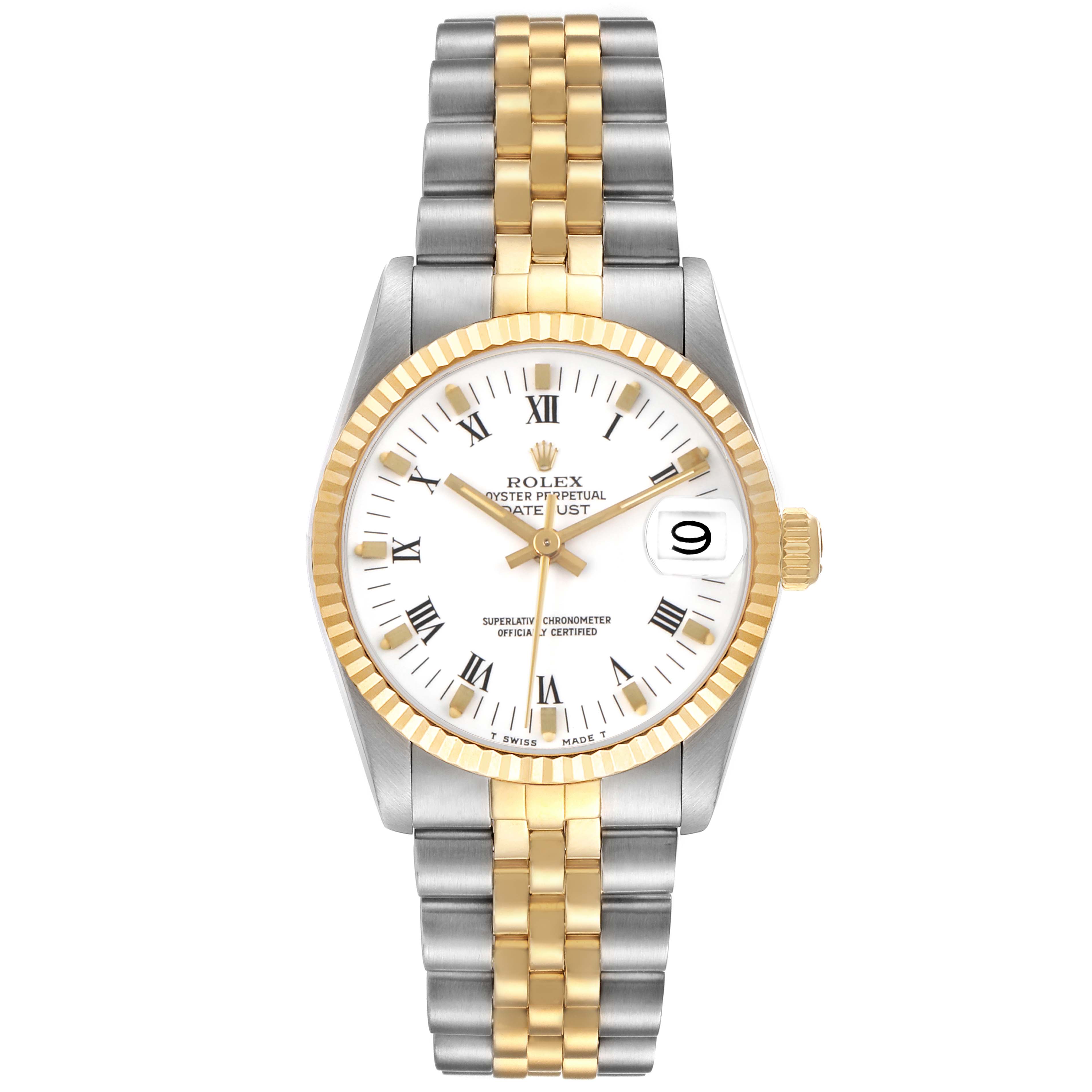 The Rolex Datejust Mid-Size watch is shown from a front angle, highlighting the dial, bezel, and two-tone bracelet.