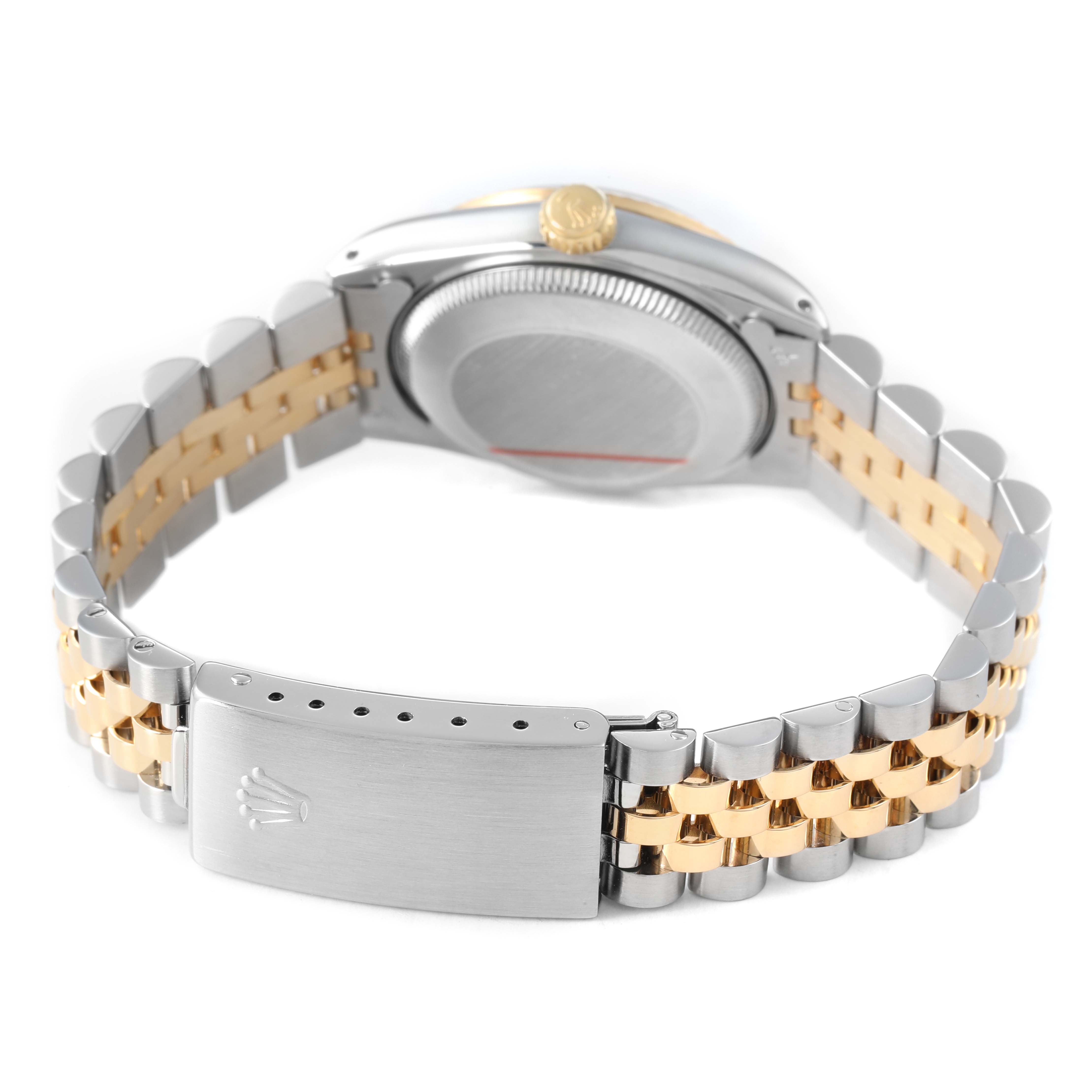 The image shows the back and side of a Mid-Size Rolex watch, highlighting the bracelet, clasp, and case back.