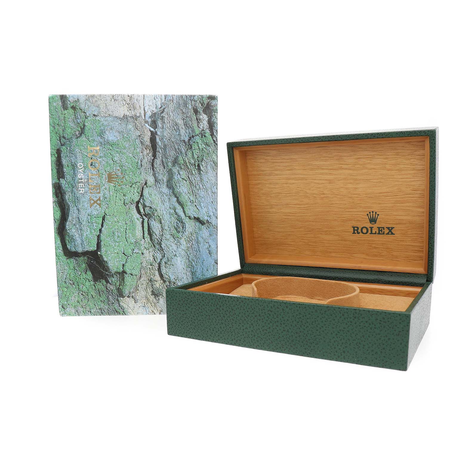 The image shows a Rolex Datejust 16233 Men's Steel and Gold (two tone) Champagne Dial model's open presentation box and its outer packaging, viewed from an angle.