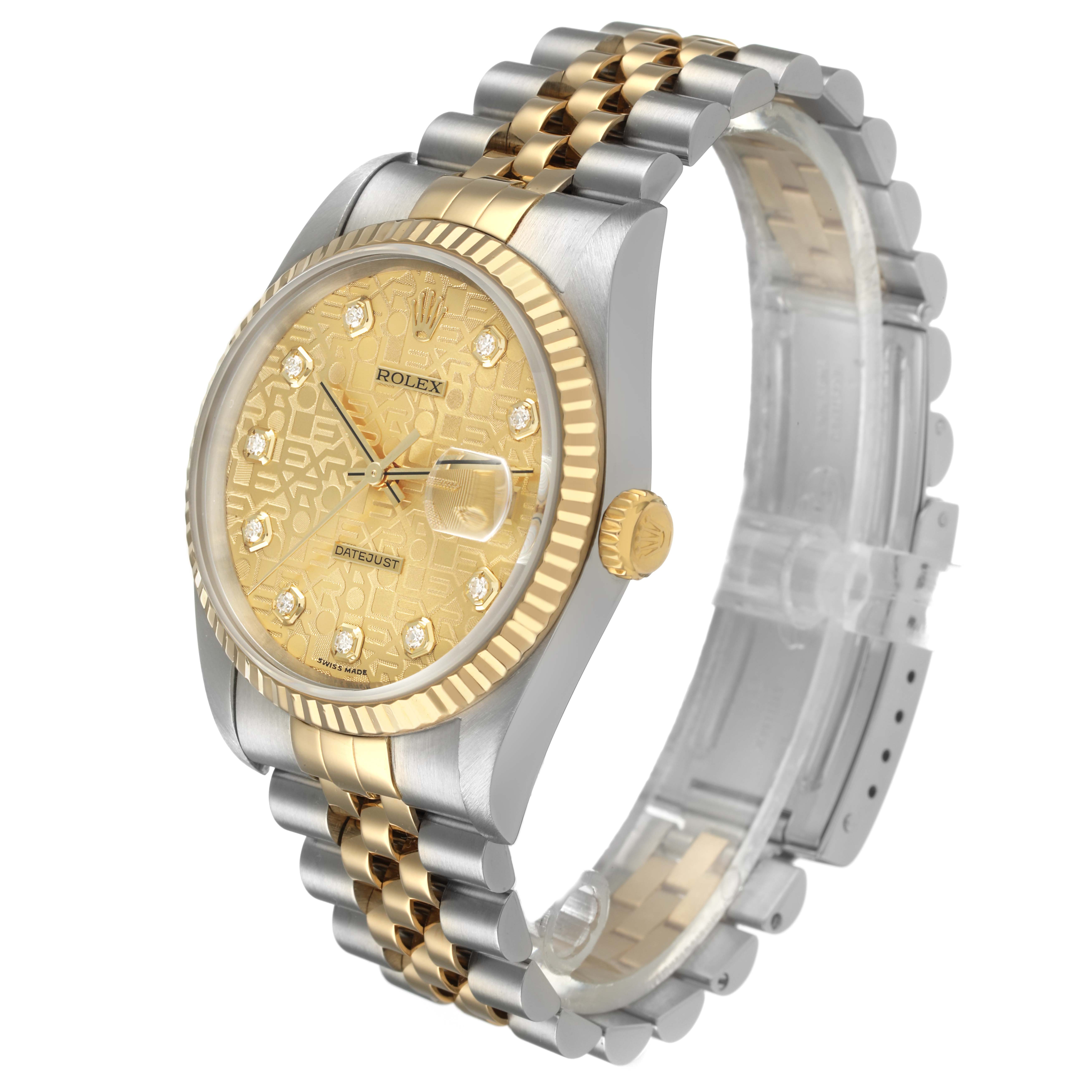 The Rolex Datejust 16233 Men's Steel and Gold (two tone) Champagne Dial watch is shown in a three-quarter angle, highlighting the gold dial, fluted bezel, and Jubilee bracelet.