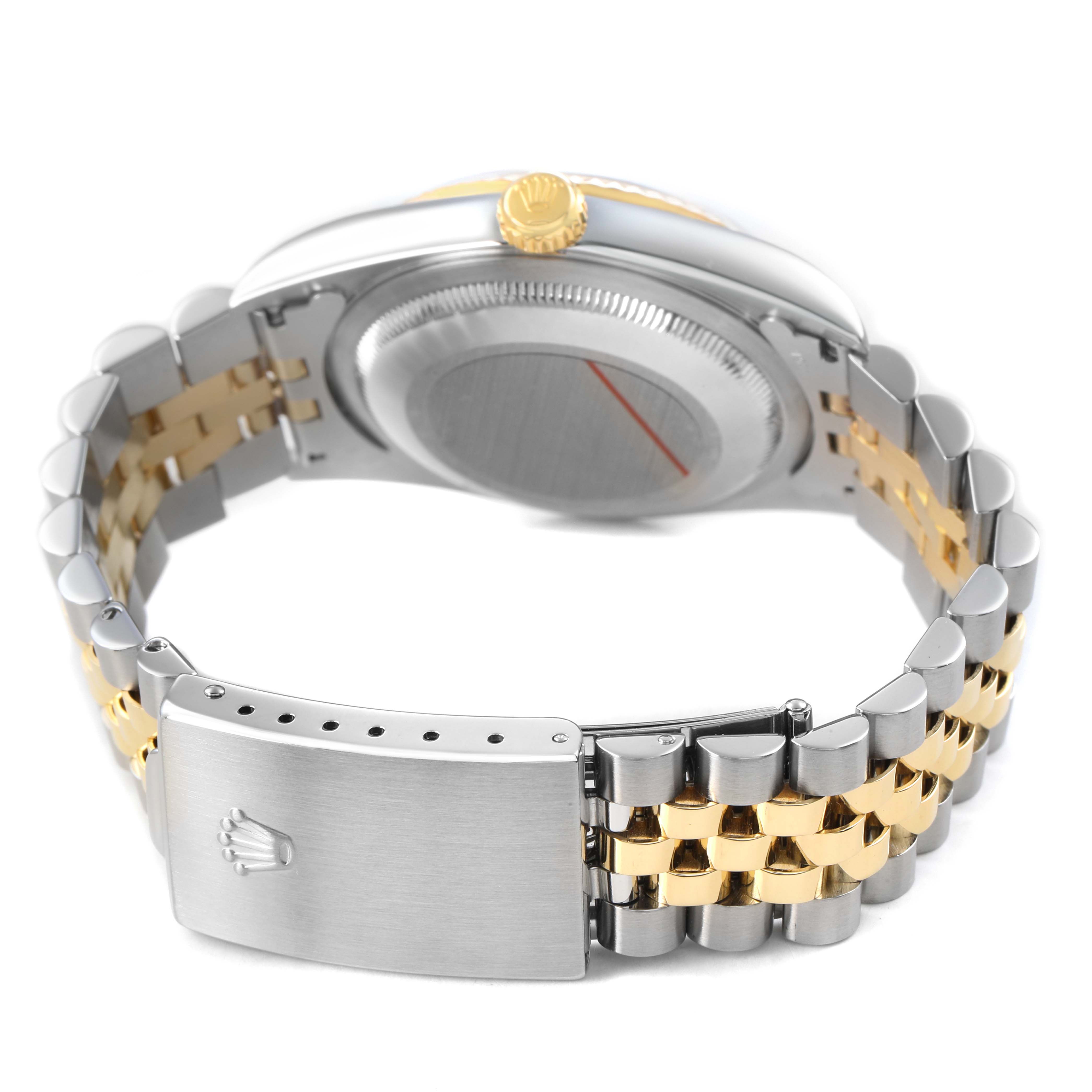 The image shows the back and side of a Rolex Datejust 16233 Men's Steel and Gold (two tone) Champagne Dial watch, highlighting the bracelet, clasp, crown, and case back.