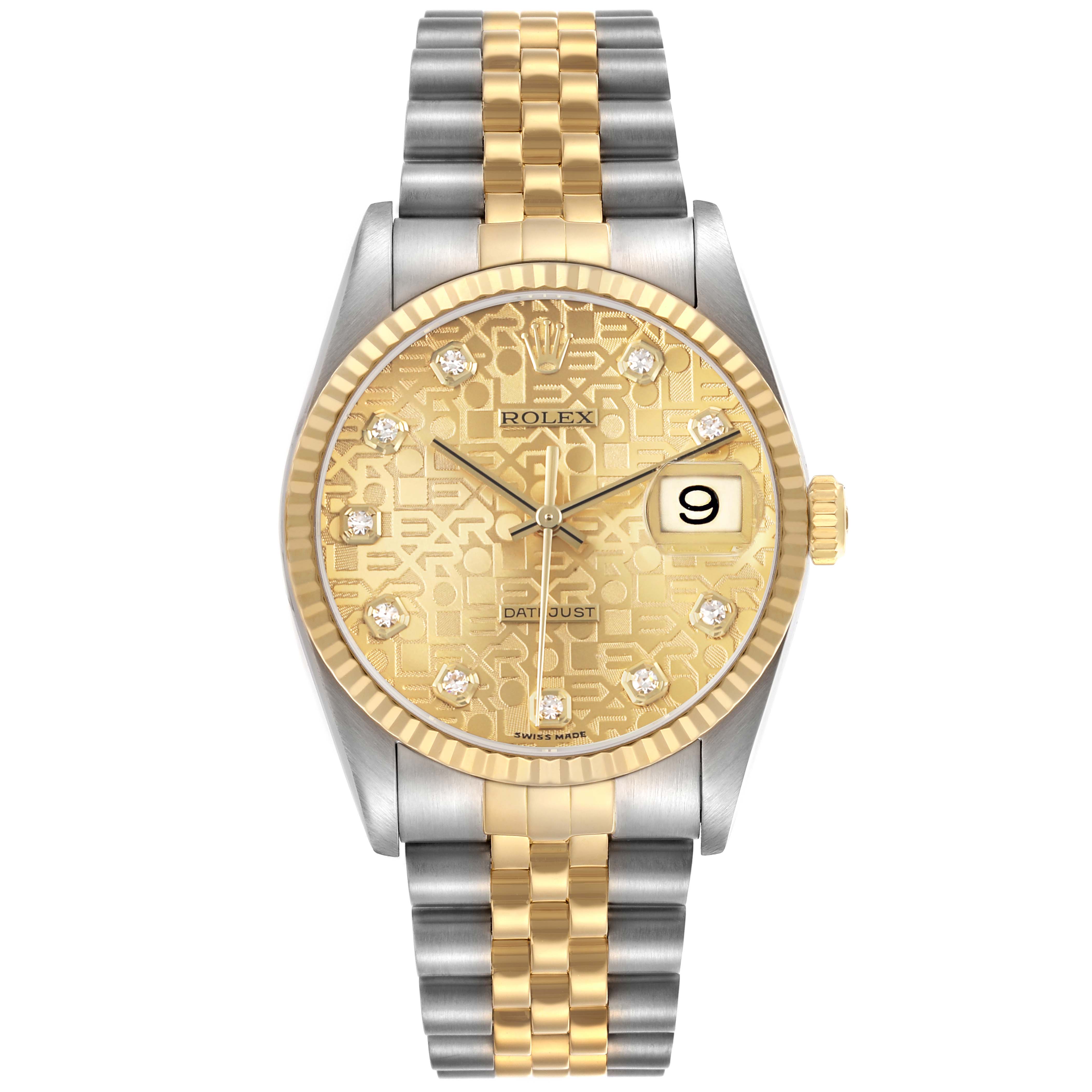 The Rolex Datejust 16233 Men's Steel and Gold (two tone) Champagne Dial is shown from the front, featuring a gold and silver bracelet and a patterned gold dial with a date display.
