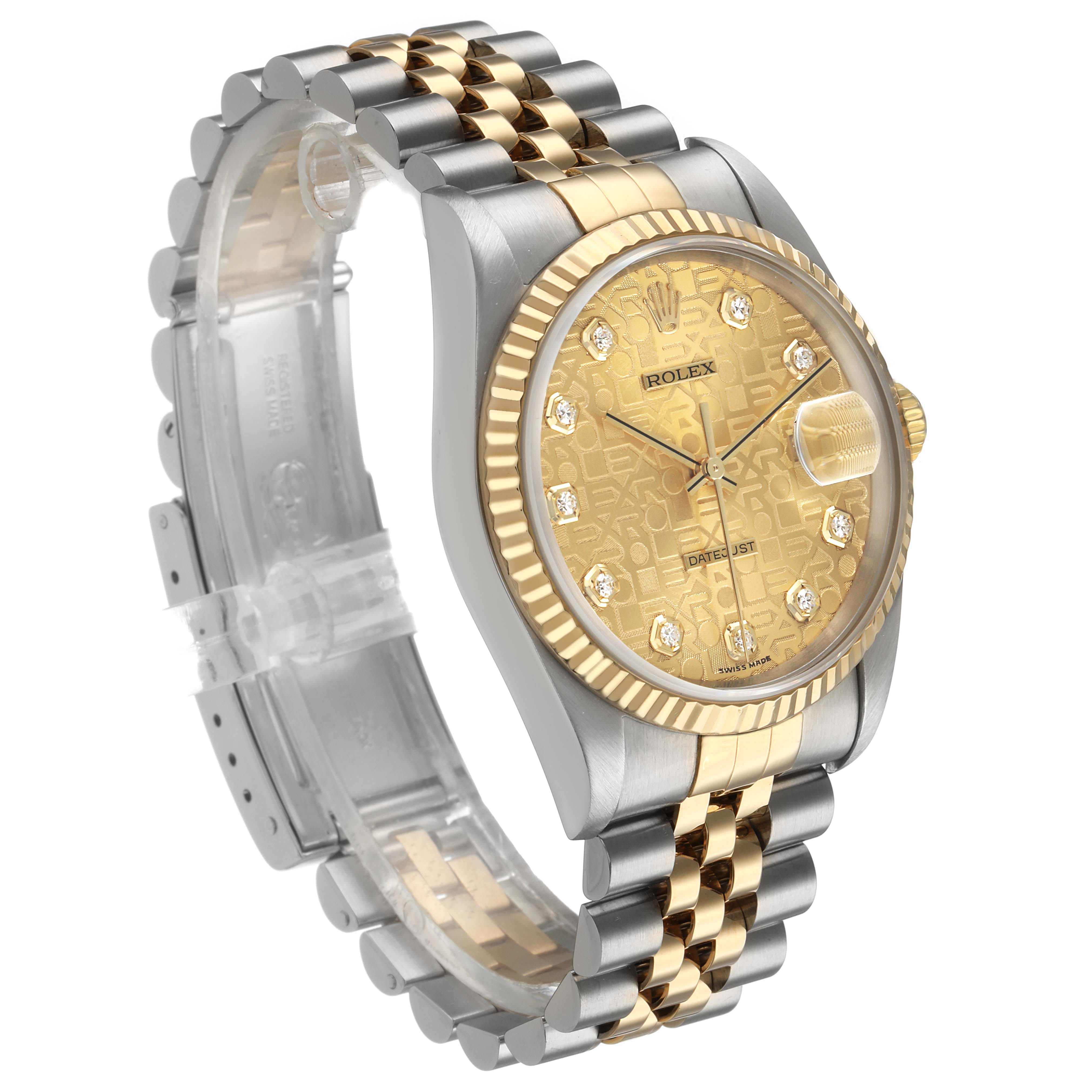 The Rolex Datejust 16233 Men's Steel and Gold (two tone) Champagne Dial watch is shown at a three-quarter angle, highlighting its bezel, dial, and two-tone bracelet.