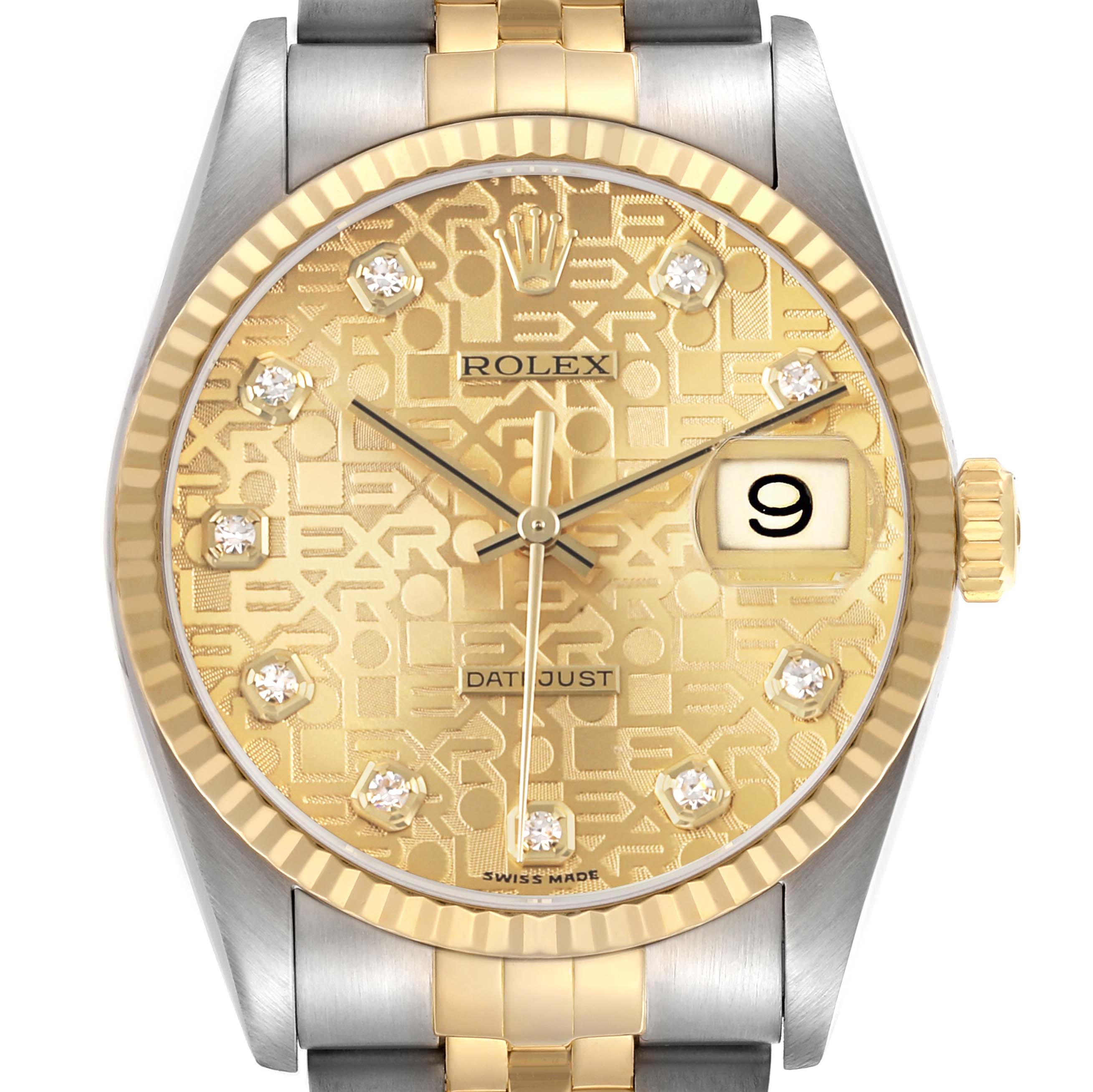 The Rolex Datejust 16233 Men's Steel and Gold (two tone) Champagne Dial watch is shown from a frontal angle, displaying its face, bezel, crown, and part of the bracelet.