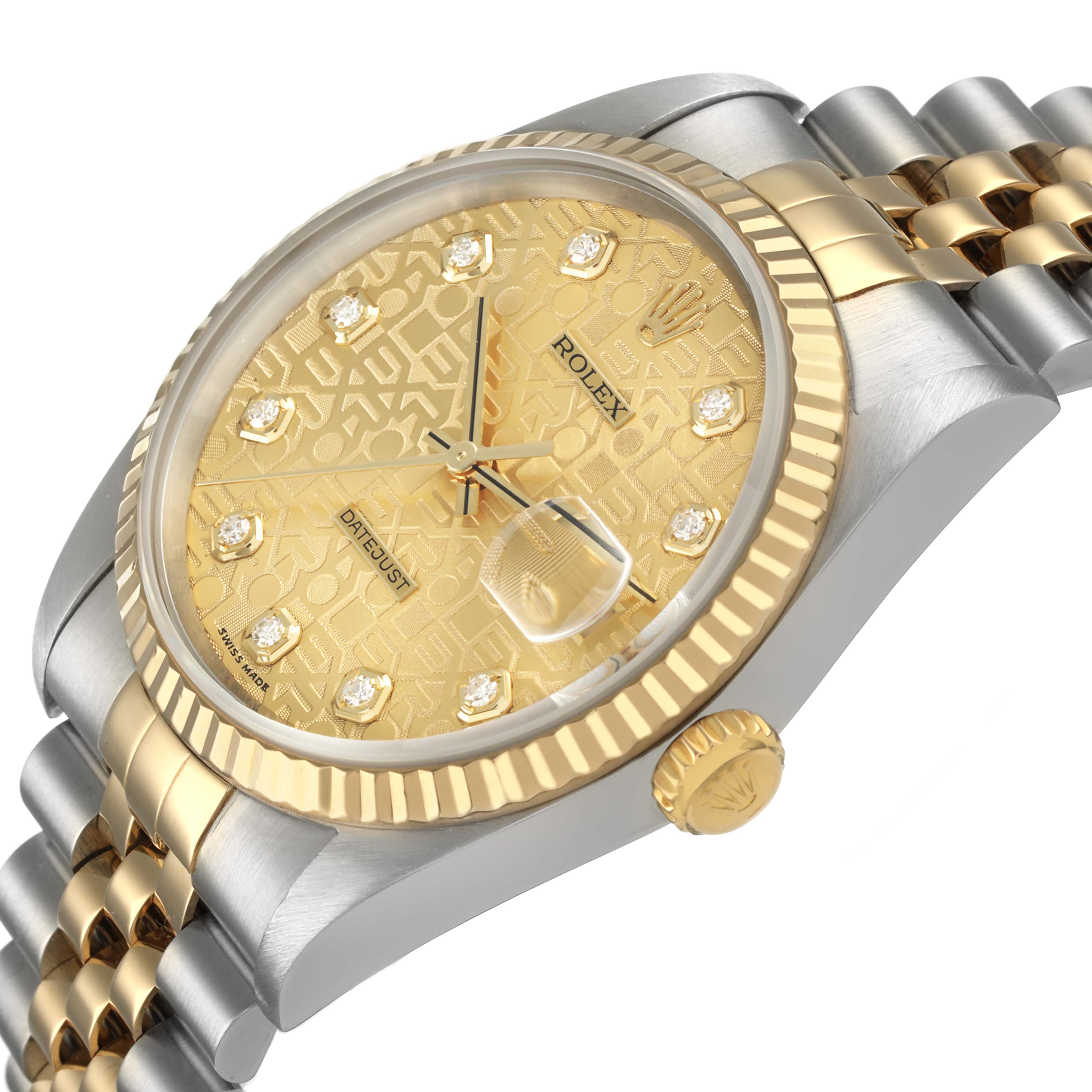 The Rolex Datejust 16233 Men's Steel and Gold (two tone) Champagne Dial watch is shown from a slight side angle, highlighting the bezel, dial, crown, and bracelet.