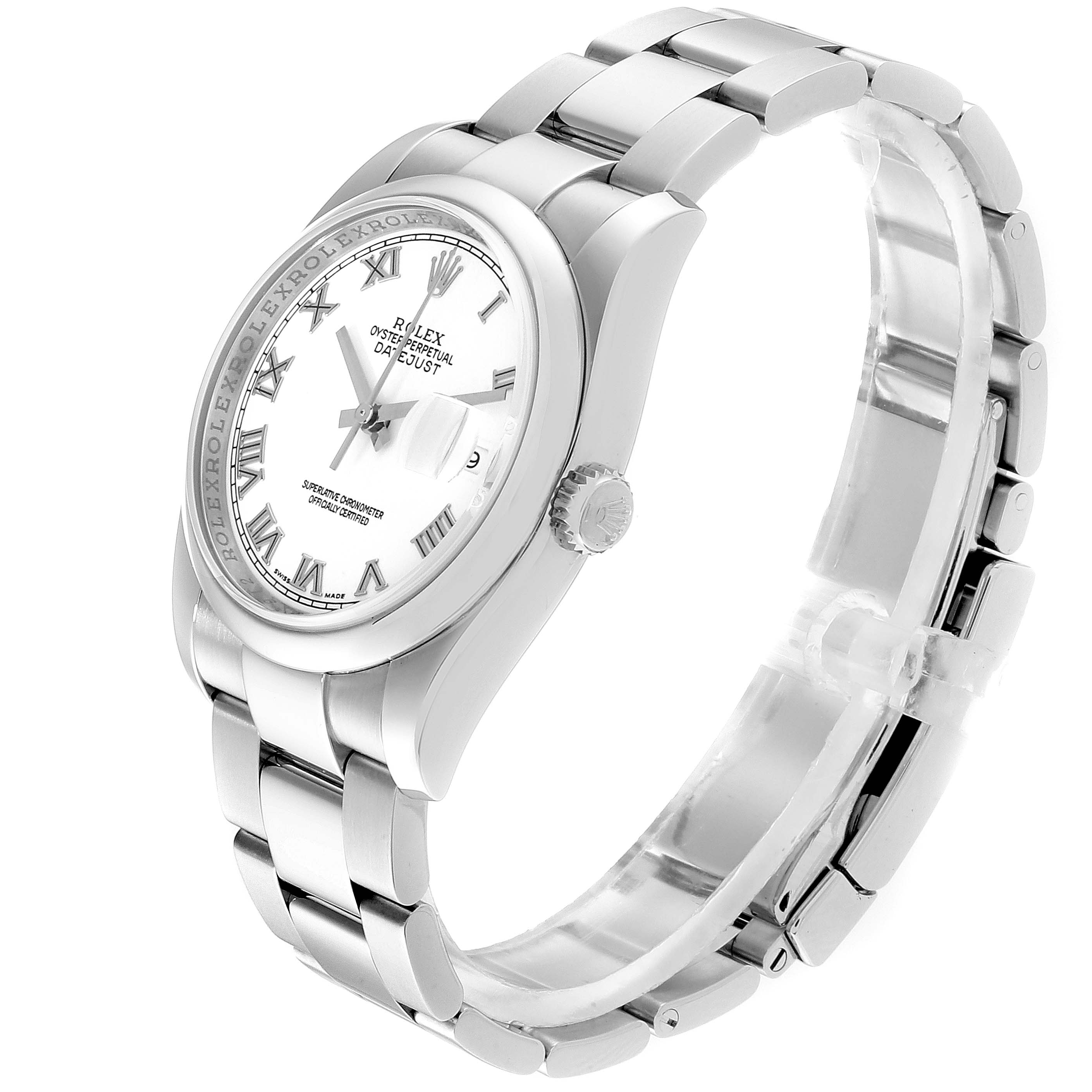 The Rolex Datejust 116200 Men's Stainless Steel White Dial 116200 Men's Stainless Steel White Dial watch is shown at an angled view, featuring the dial, bezel, crown, and bracelet.