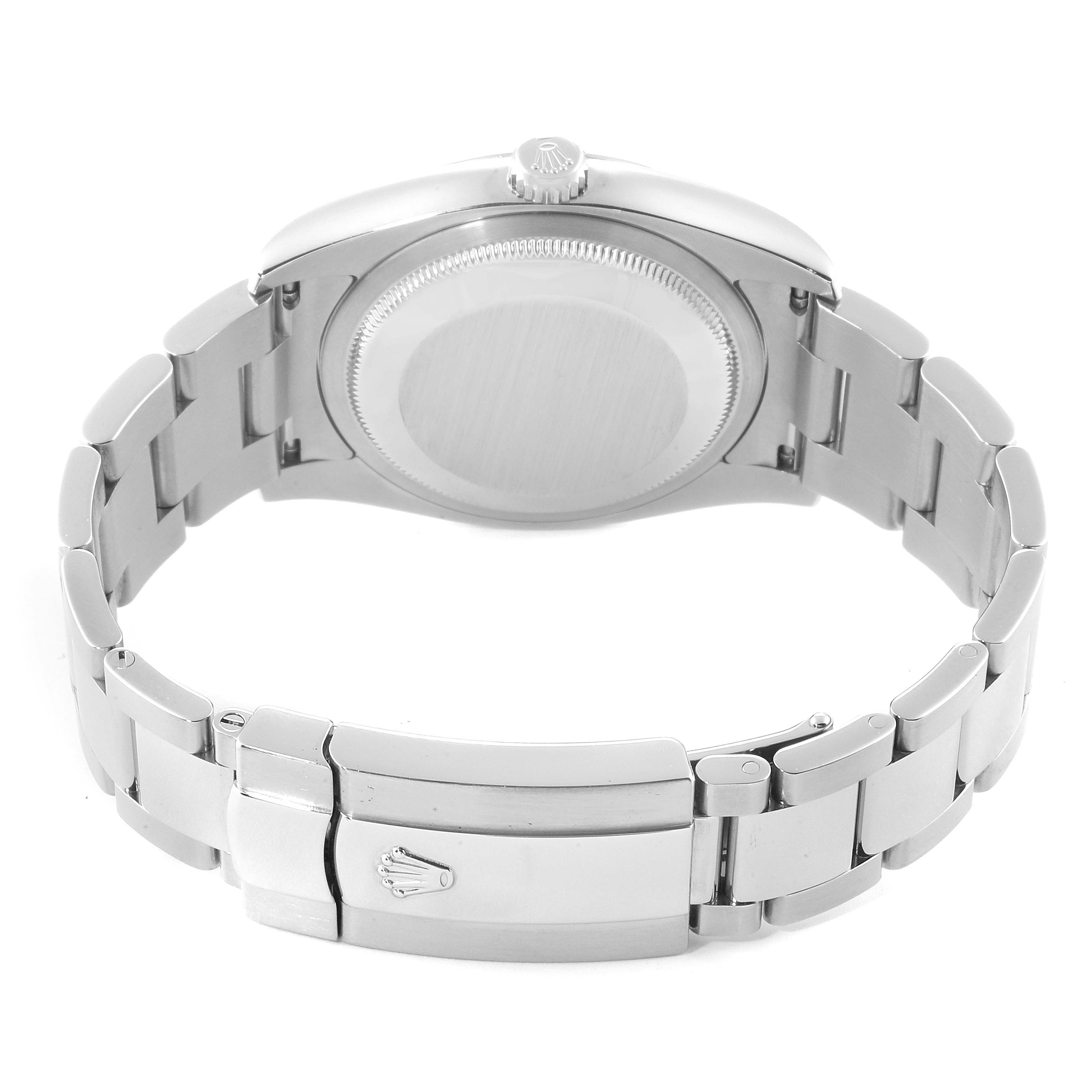 This image shows the back view and clasp of a Rolex Datejust 116200 Men's Stainless Steel White Dial 116200 Men's Stainless Steel White Dial watch, highlighting the bracelet and case back.