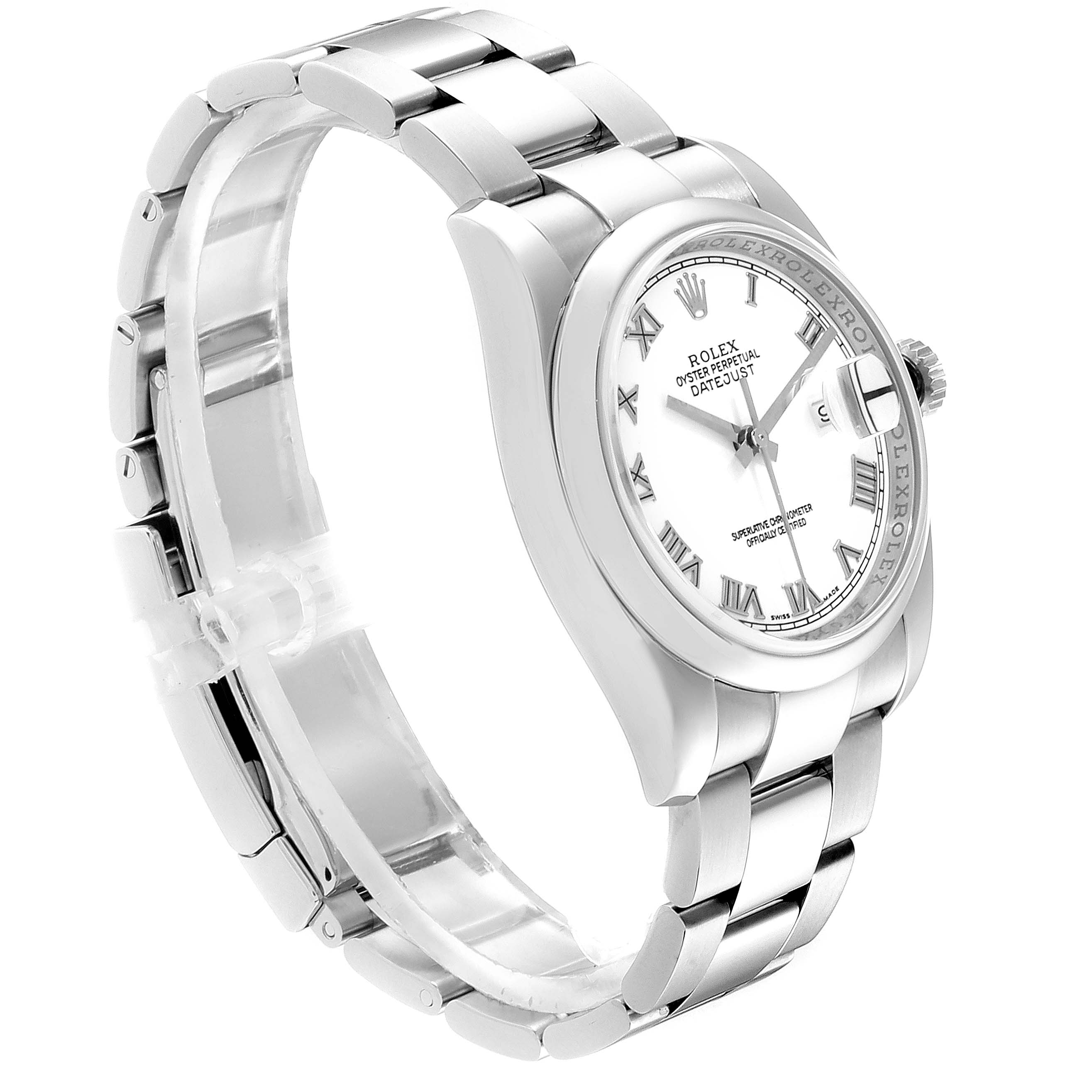 The Rolex Datejust 116200 Men's Stainless Steel White Dial 116200 Men's Stainless Steel White Dial watch is shown at an angle highlighting its face, bezel, bracelet, and clasp.