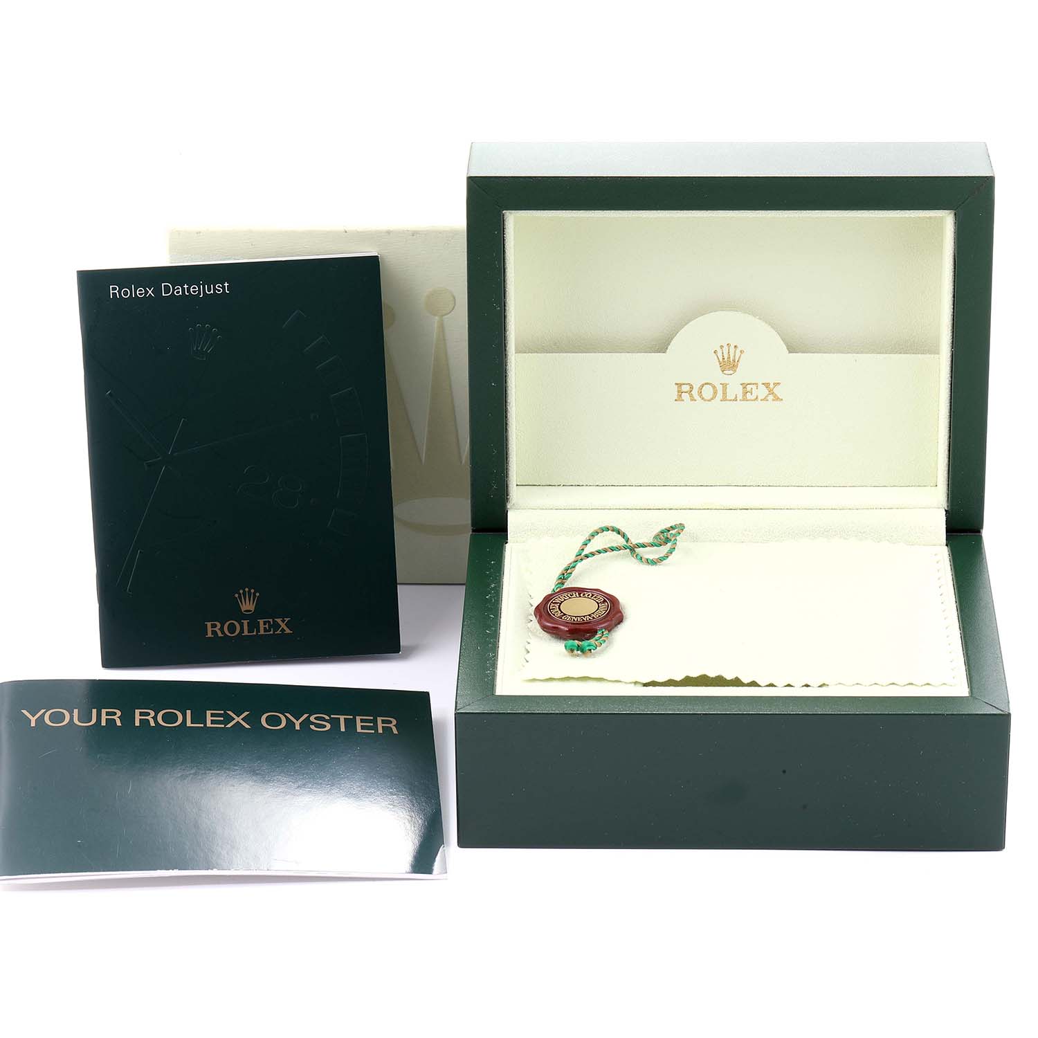 The image shows the open packaging, booklets, and accessories for a Rolex Datejust 116200 Men's Stainless Steel White Dial 116200 Men's Stainless Steel White Dial watch.