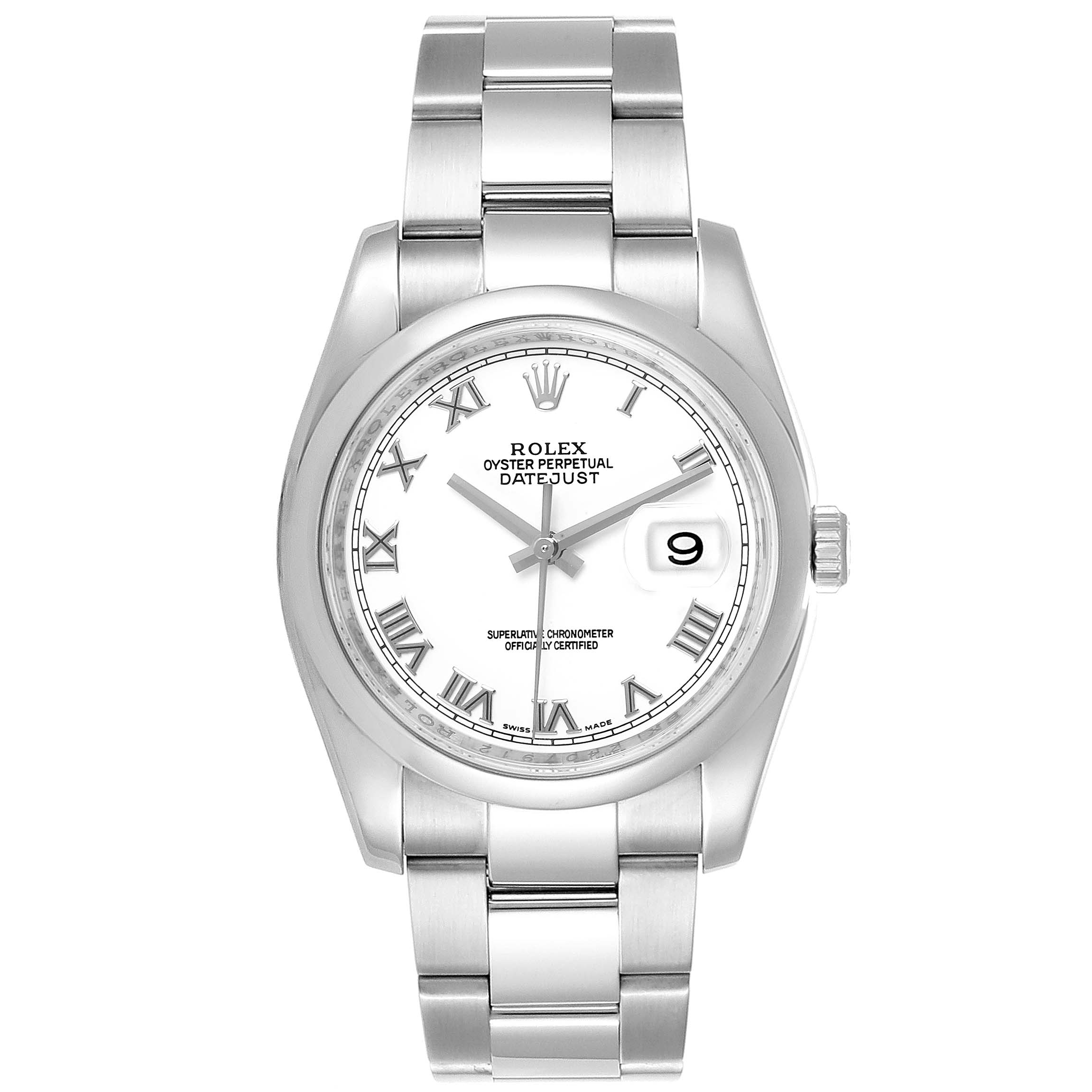 The image shows a front view of a Rolex Datejust 116200 Men's Stainless Steel White Dial 116200 Men's Stainless Steel White Dial watch featuring a stainless steel bracelet and a white dial with Roman numerals.