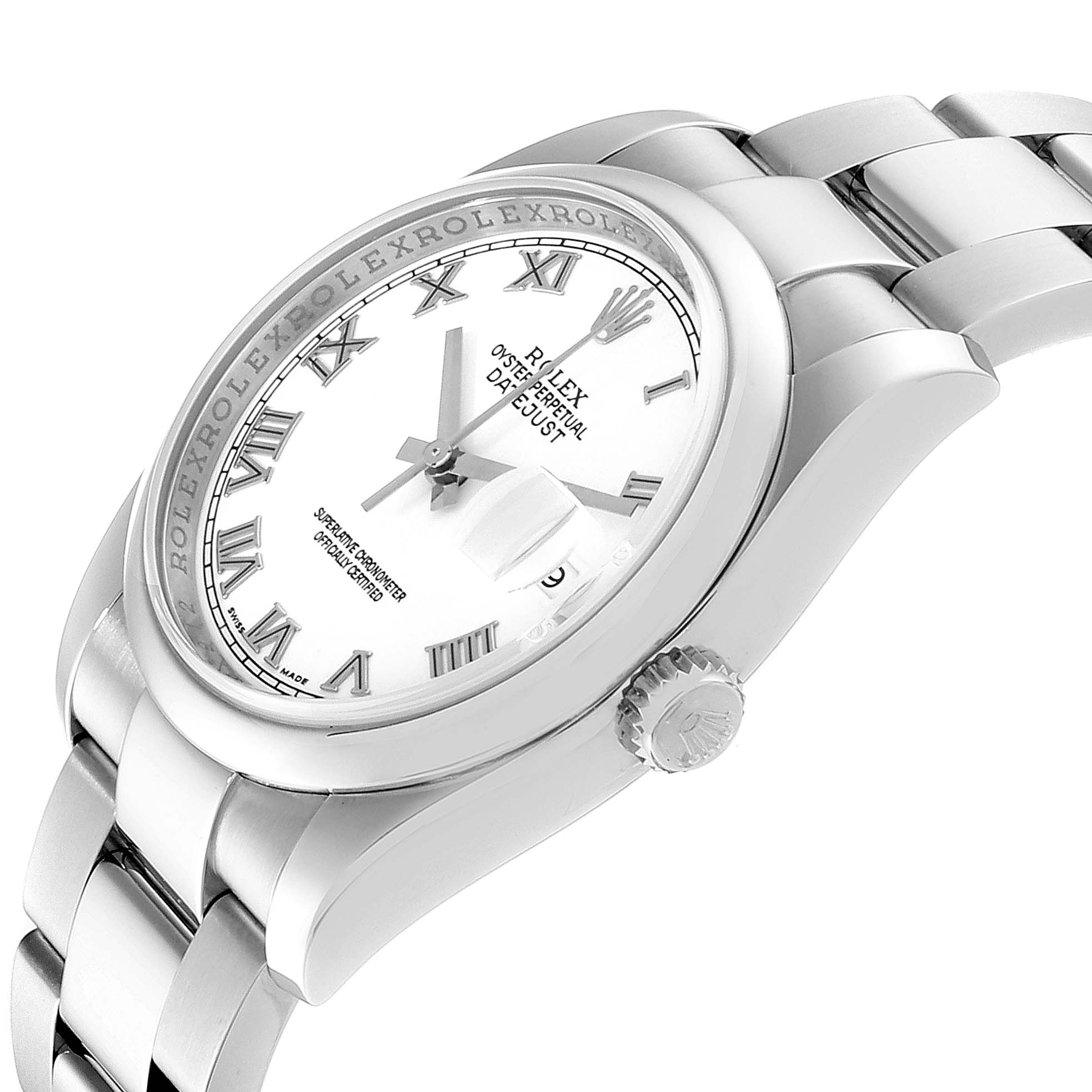 The image shows a side angle of the Rolex Datejust 116200 Men's Stainless Steel White Dial 116200 Men's Stainless Steel White Dial watch, highlighting its dial, bezel, crown, and part of the bracelet.