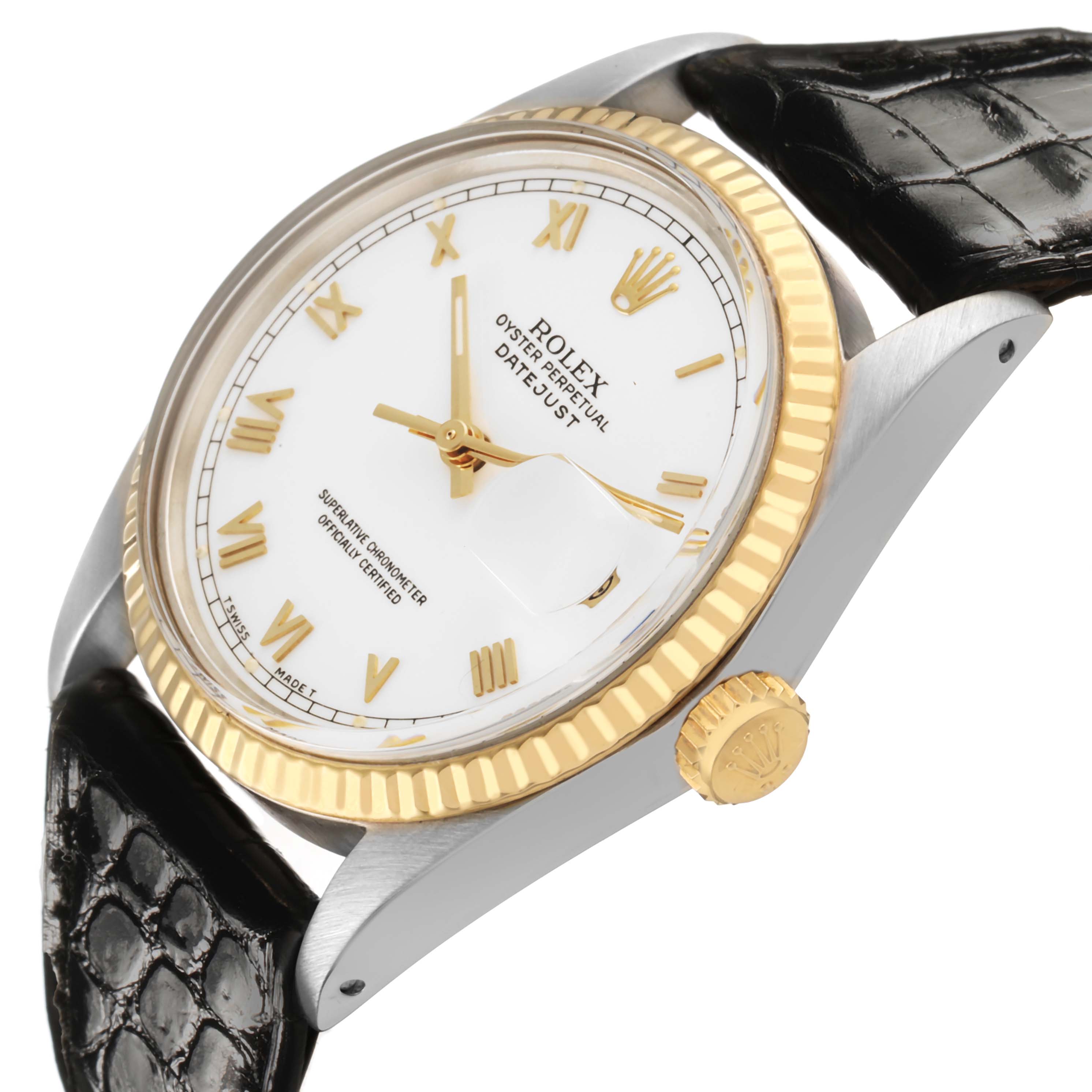 The Rolex Datejust 16013 Men's Steel and Gold (two tone) White Dial watch is shown at a slight side angle, highlighting the dial, bezel, case, crown, and leather strap.