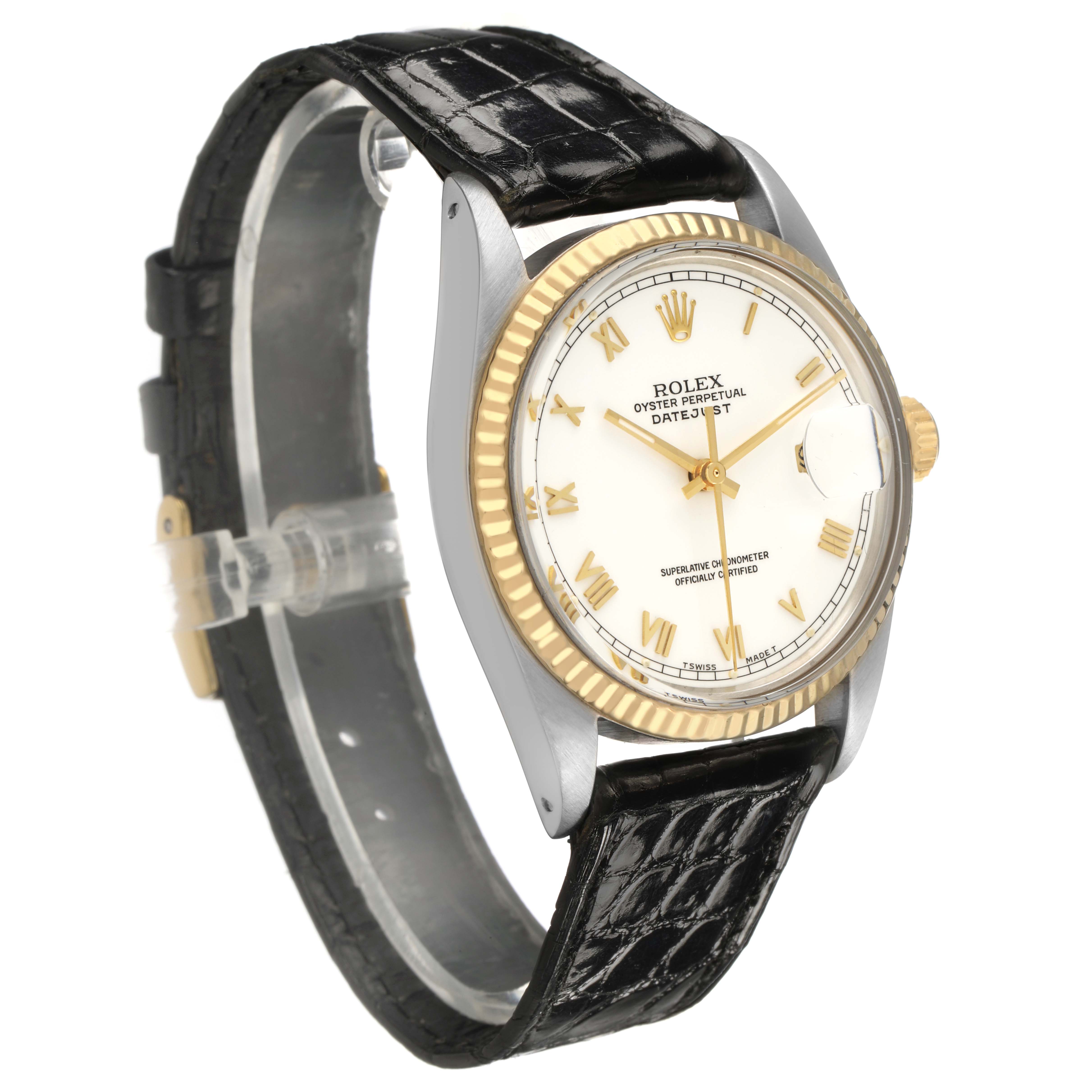 The Rolex Datejust 16013 Men's Steel and Gold (two tone) White Dial watch is shown at a three-quarter angle, highlighting the dial, case, bezel, and strap.