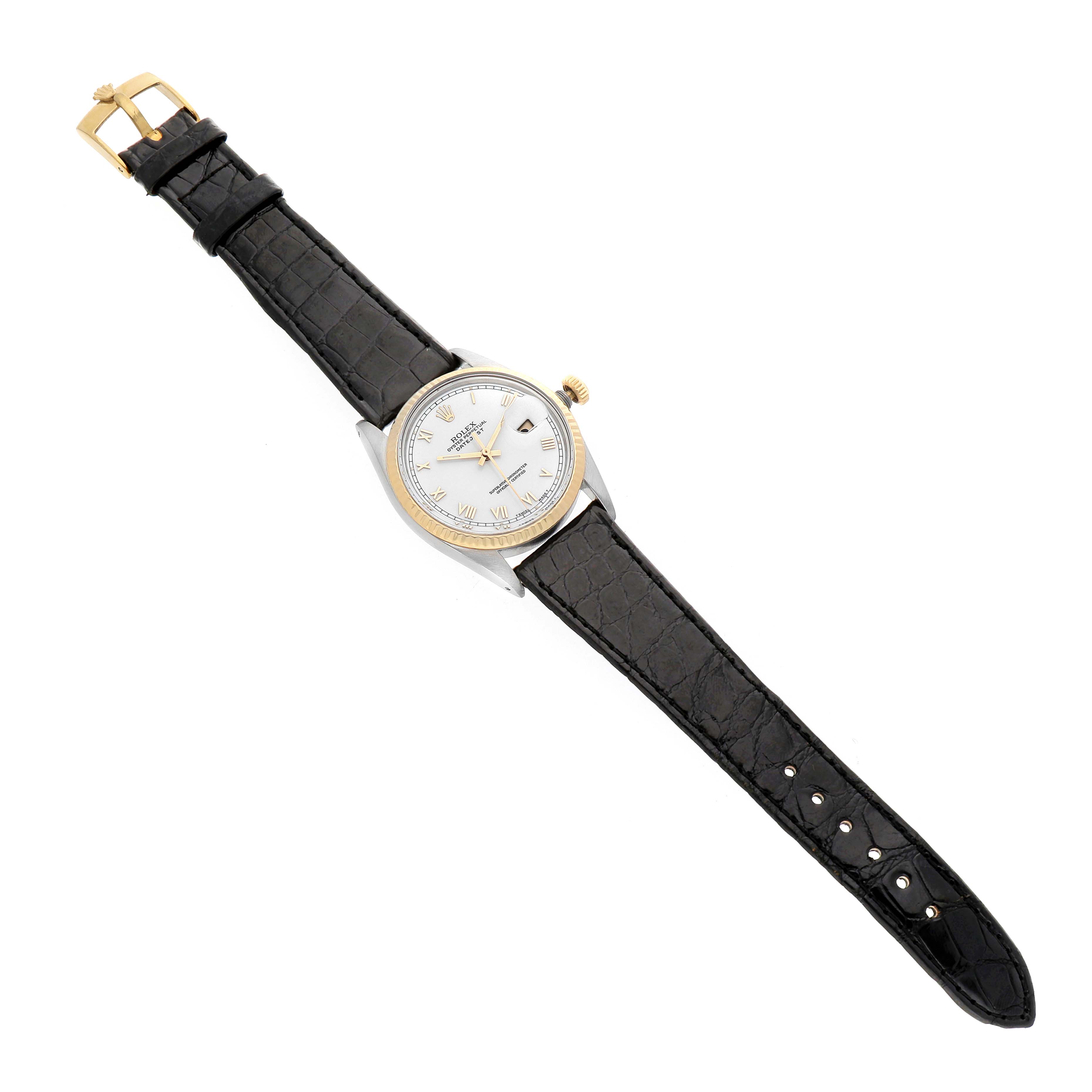 The Rolex Datejust 16013 Men's Steel and Gold (two tone) White Dial watch is shown from a top view, displaying the dial, bezel, crown, and leather strap.