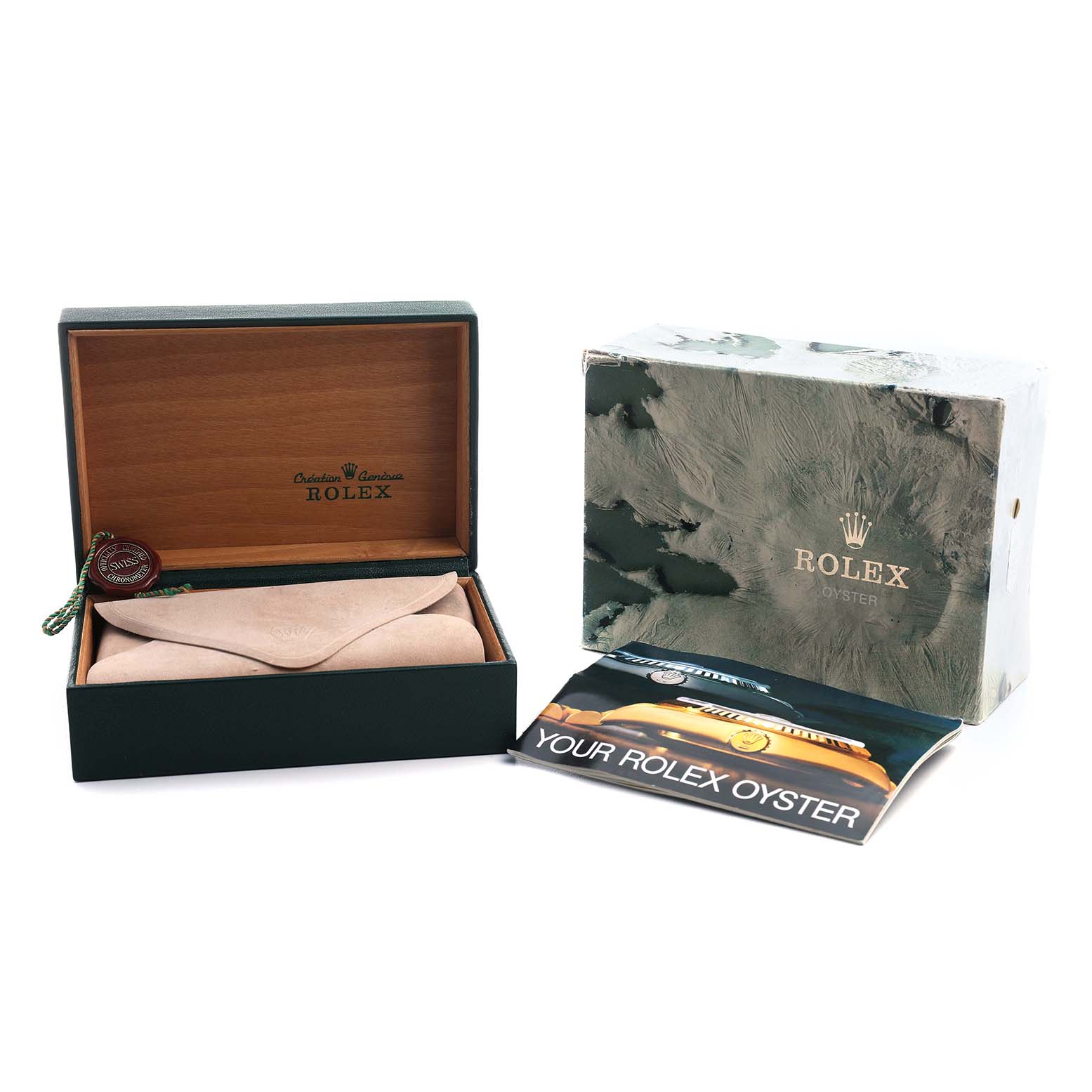 The image shows a Rolex Datejust 16013 Men's Steel and Gold (two tone) White Dial box set, including the outer box, inner box, pouch, and manuals.