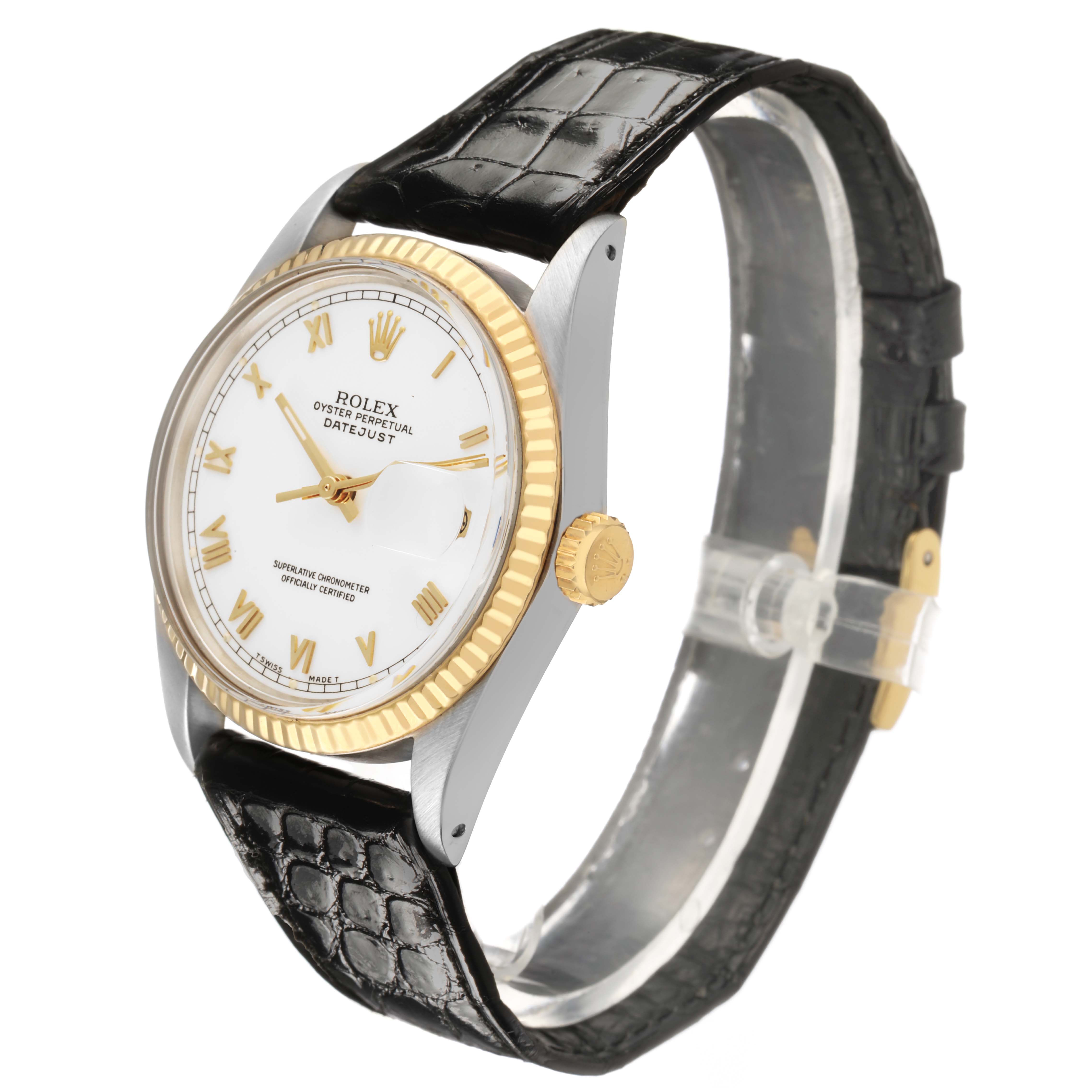 The Rolex Datejust 16013 Men's Steel and Gold (two tone) White Dial watch is shown at a three-quarter angle, displaying its face, crown, bezel, and leather strap.