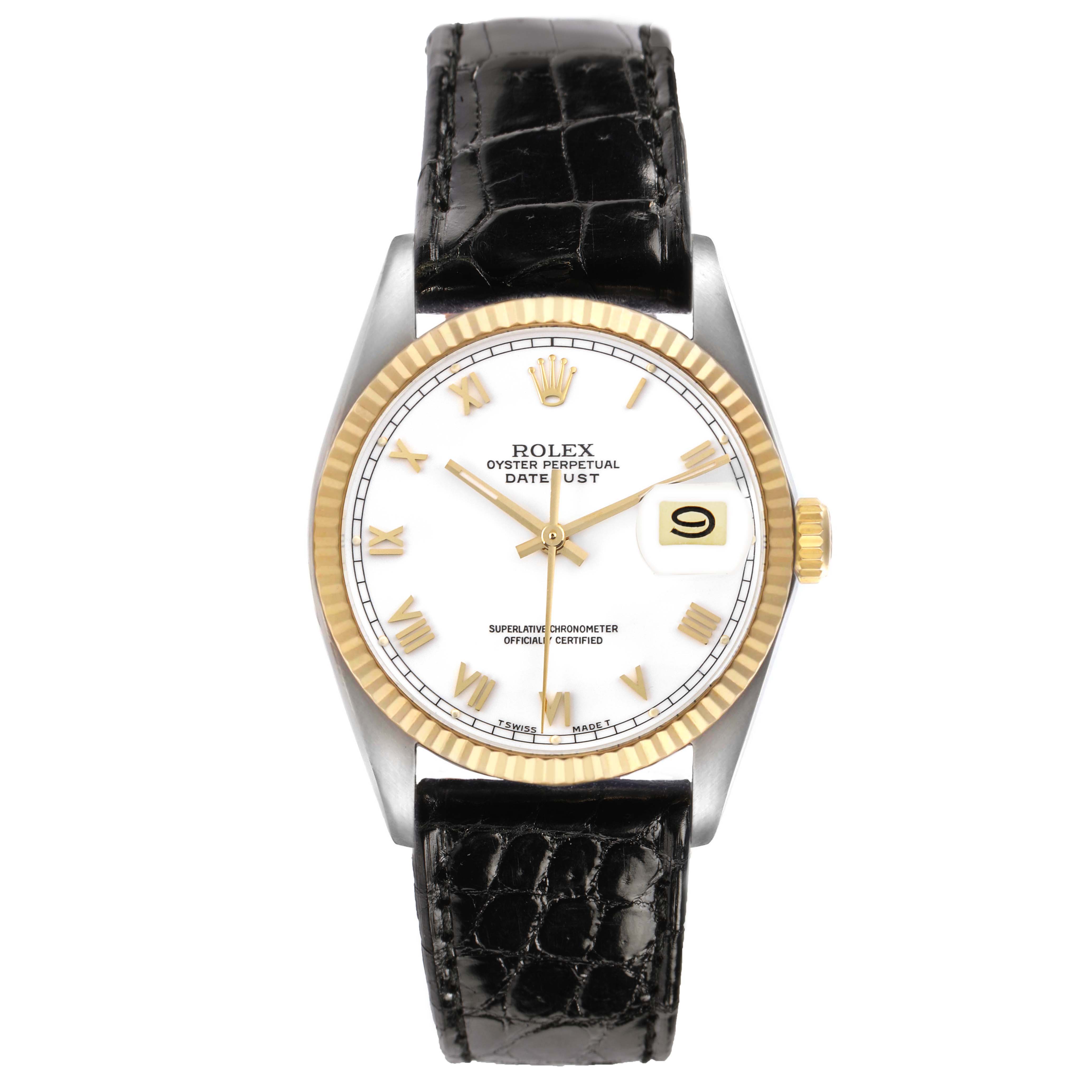 The Rolex Datejust 16013 Men's Steel and Gold (two tone) White Dial watch is shown from a front angle, highlighting its dial, bezel, and leather strap.
