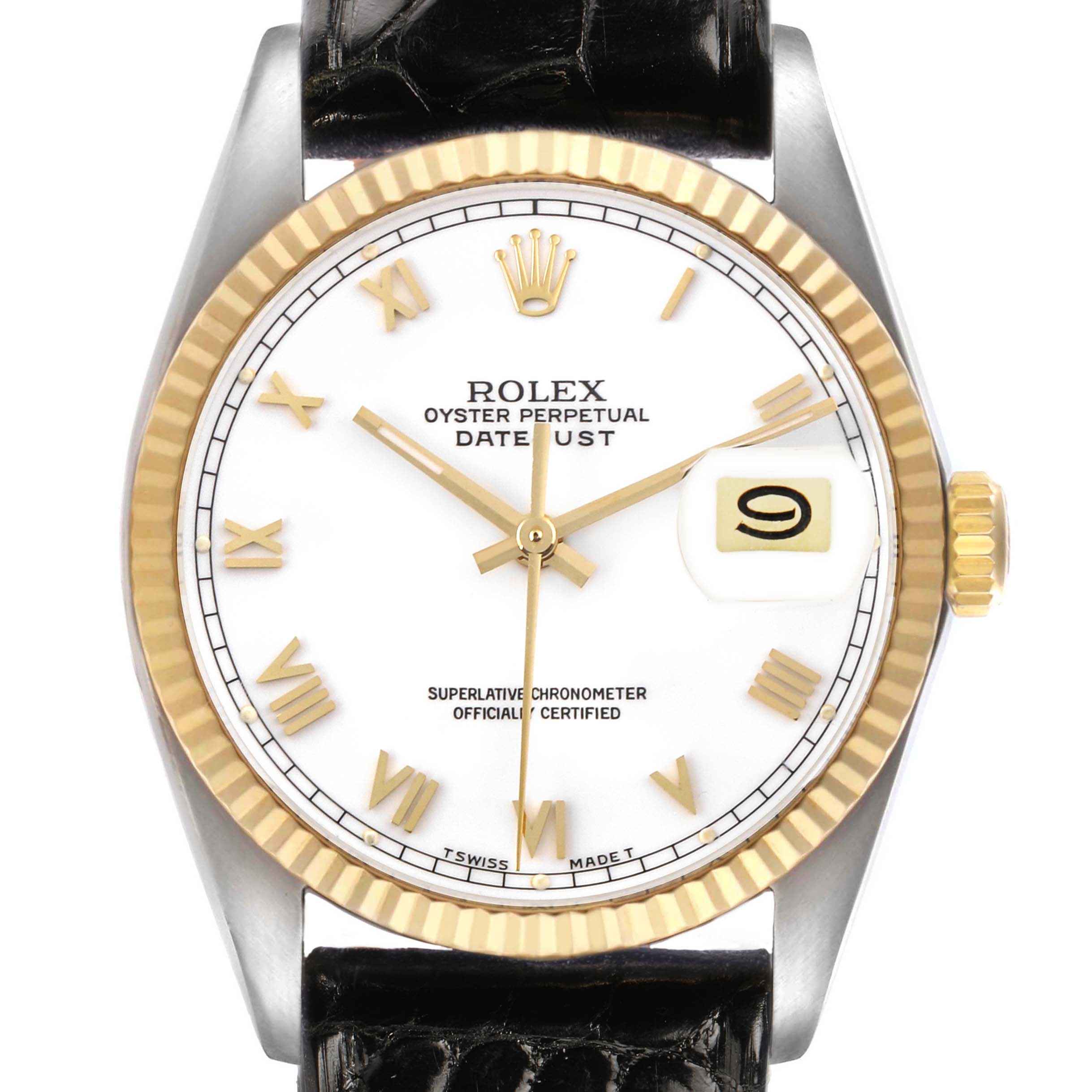 The Rolex Datejust 16013 Men's Steel and Gold (two tone) White Dial watch is shown from a top-down angle, featuring its white dial, gold Roman numeral indices, and black leather strap.