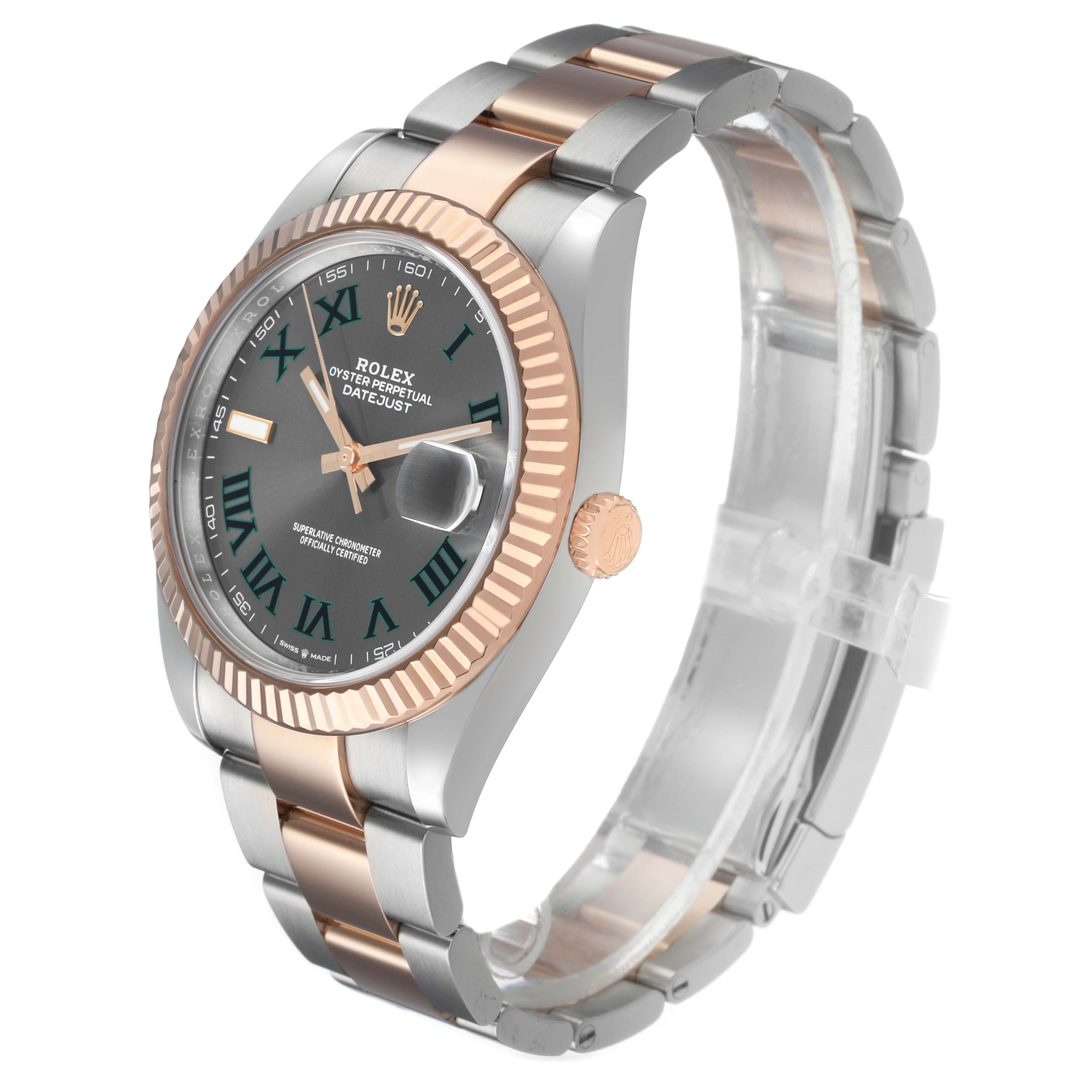 The Rolex Datejust 41 126331 Men's Steel and Gold (two tone) Grey Dial is shown at a three-quarter angle, highlighting the dial, bezel, crown, and bracelet.