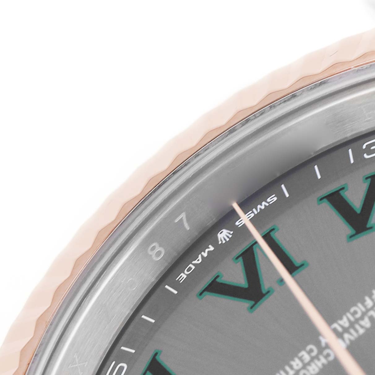 The image shows a close-up of the dial and bezel of a Rolex Datejust 41 126331 Men's Steel and Gold (two tone) Grey Dial watch, highlighting the Roman numeral and part of the bezel edge.