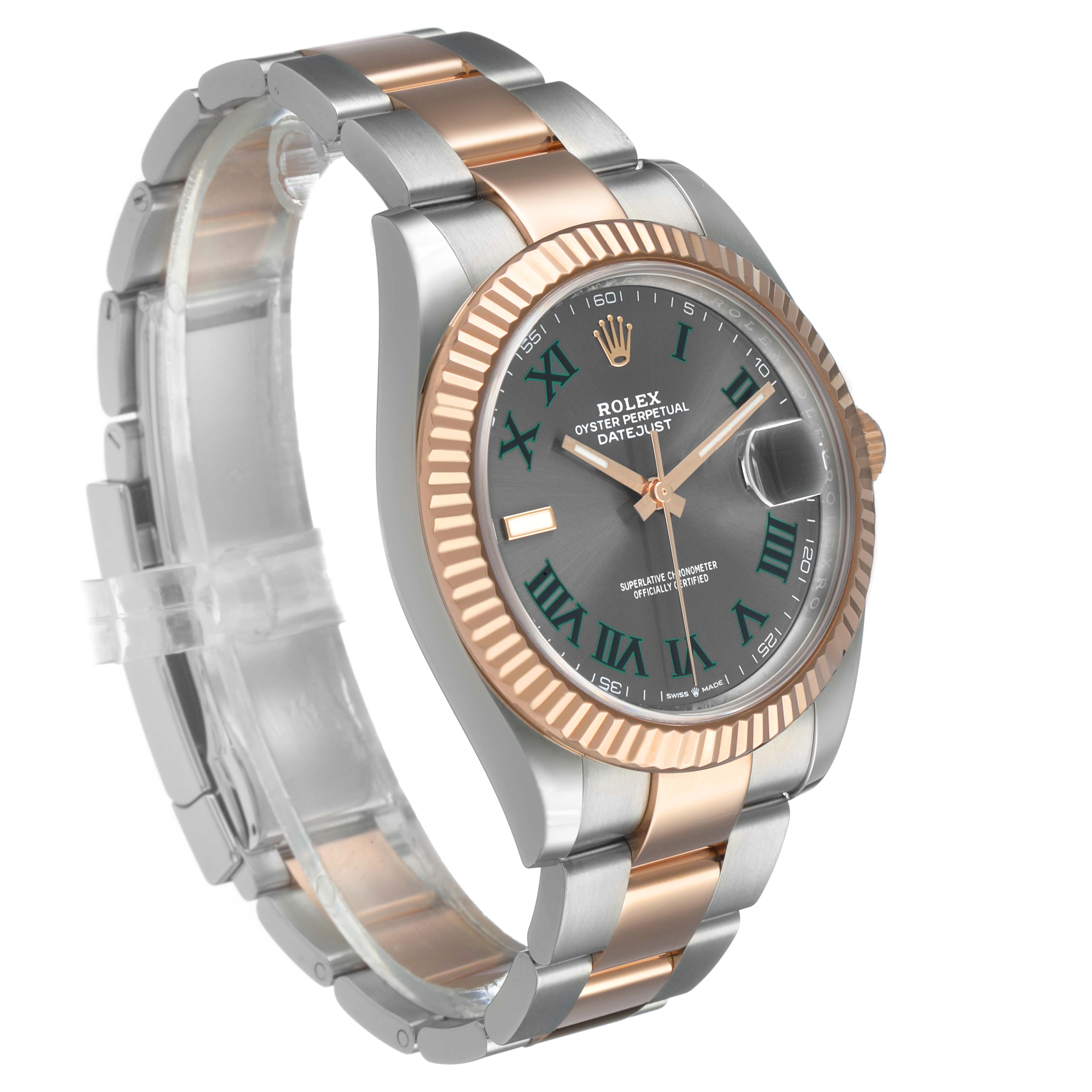 The Rolex Datejust 41 126331 Men's Steel and Gold (two tone) Grey Dial is shown from a front-right angle, highlighting its bezel, dial, and two-tone bracelet.
