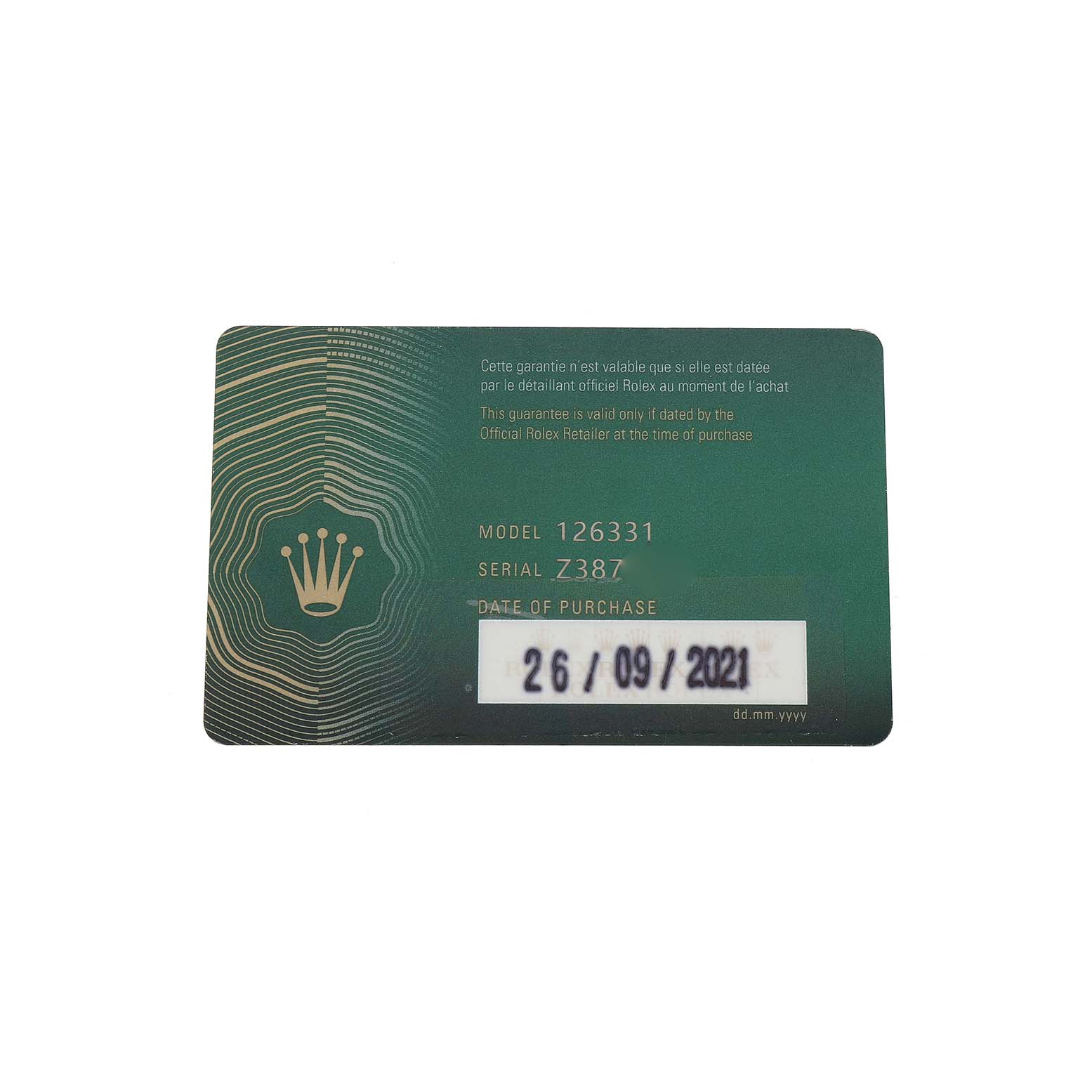 The image shows the warranty card for a Rolex Datejust 41 126331 Men's Steel and Gold (two tone) Grey Dial watch, detailing model and purchase information.