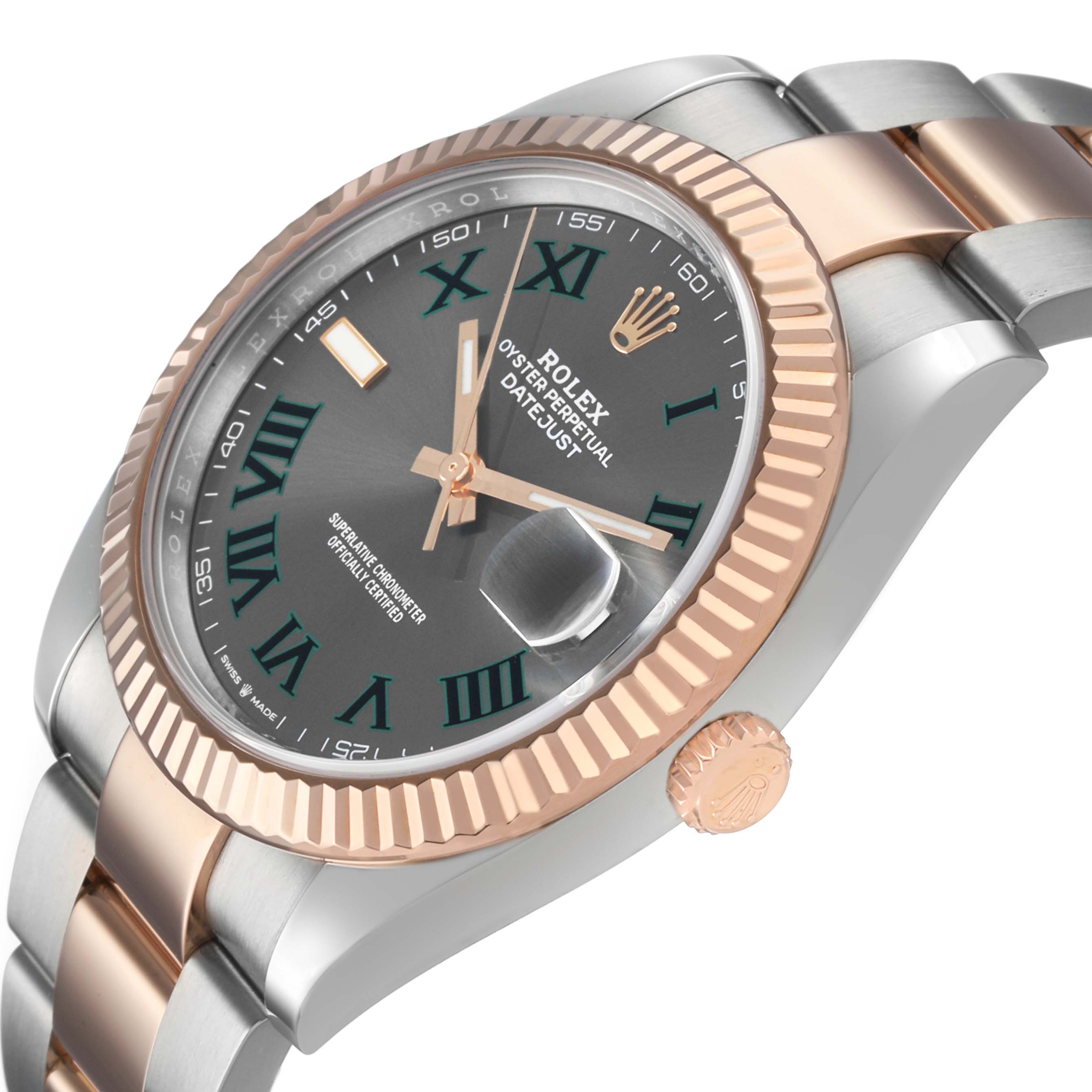 The Rolex Datejust 41 126331 Men's Steel and Gold (two tone) Grey Dial is shown at an angle highlighting the bezel, crown, bracelet, and part of the watch face.