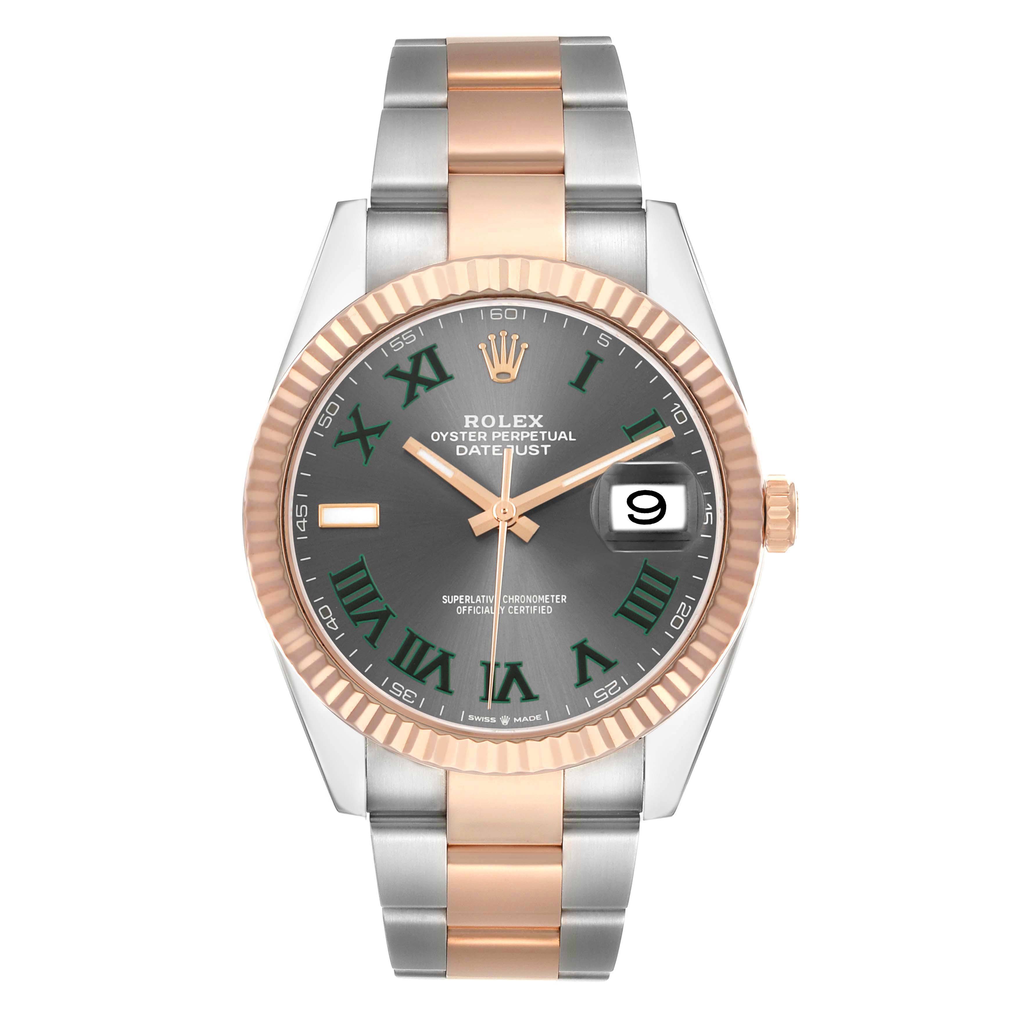 The Rolex Datejust 41 126331 Men's Steel and Gold (two tone) Grey Dial is shown from a front angle, displaying the dial, hands, fluted bezel, and two-tone bracelet.