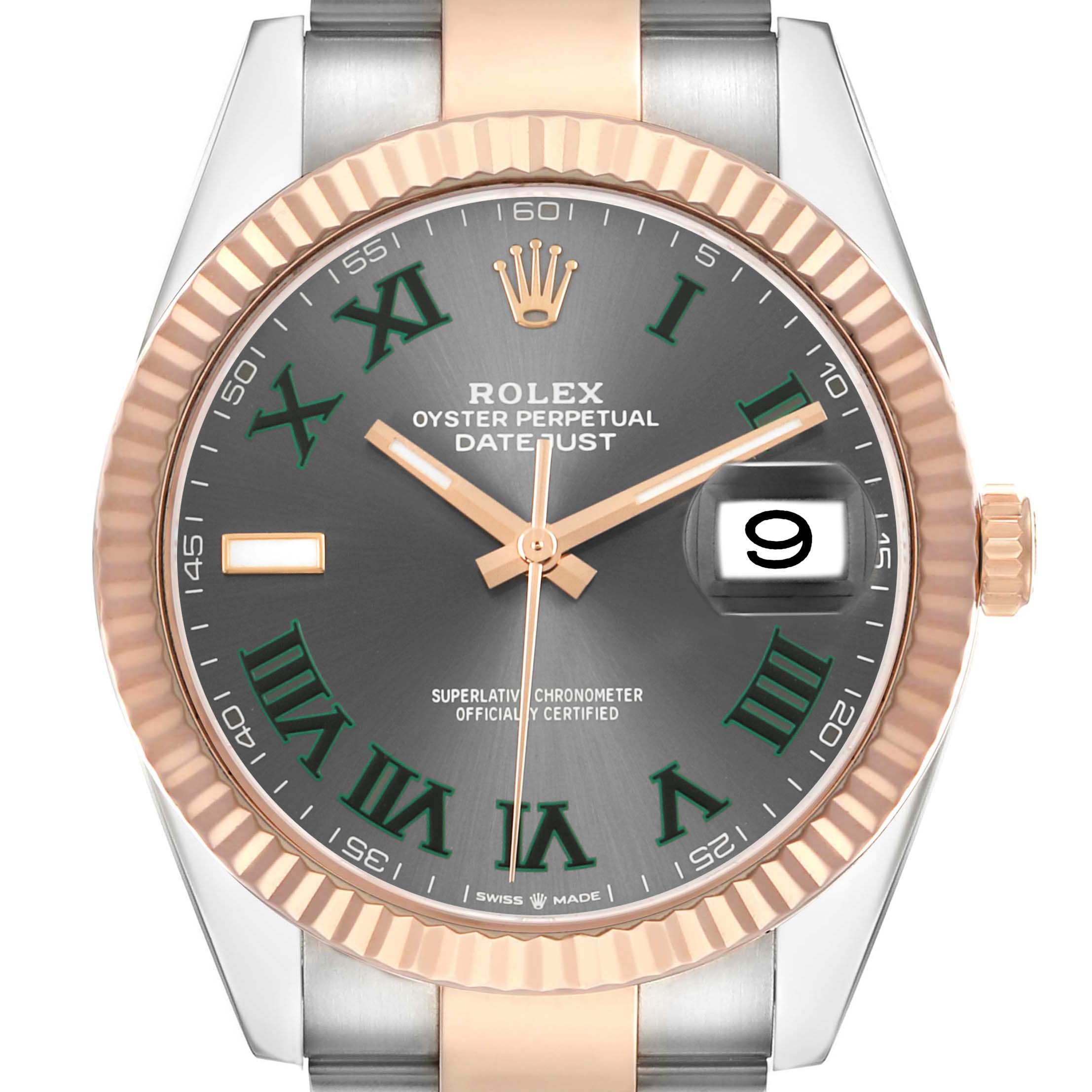 The Rolex Datejust 41 126331 Men's Steel and Gold (two tone) Grey Dial is shown from a front angle, highlighting the dial, hands, date, and fluted bezel.