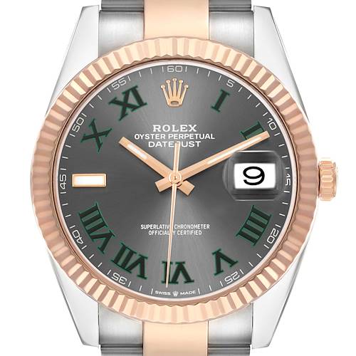 This image shows a front view of the Rolex Datejust 41 126331 Men's Steel and Gold (two tone) Grey Dial, highlighting the bezel, dial, and date window.