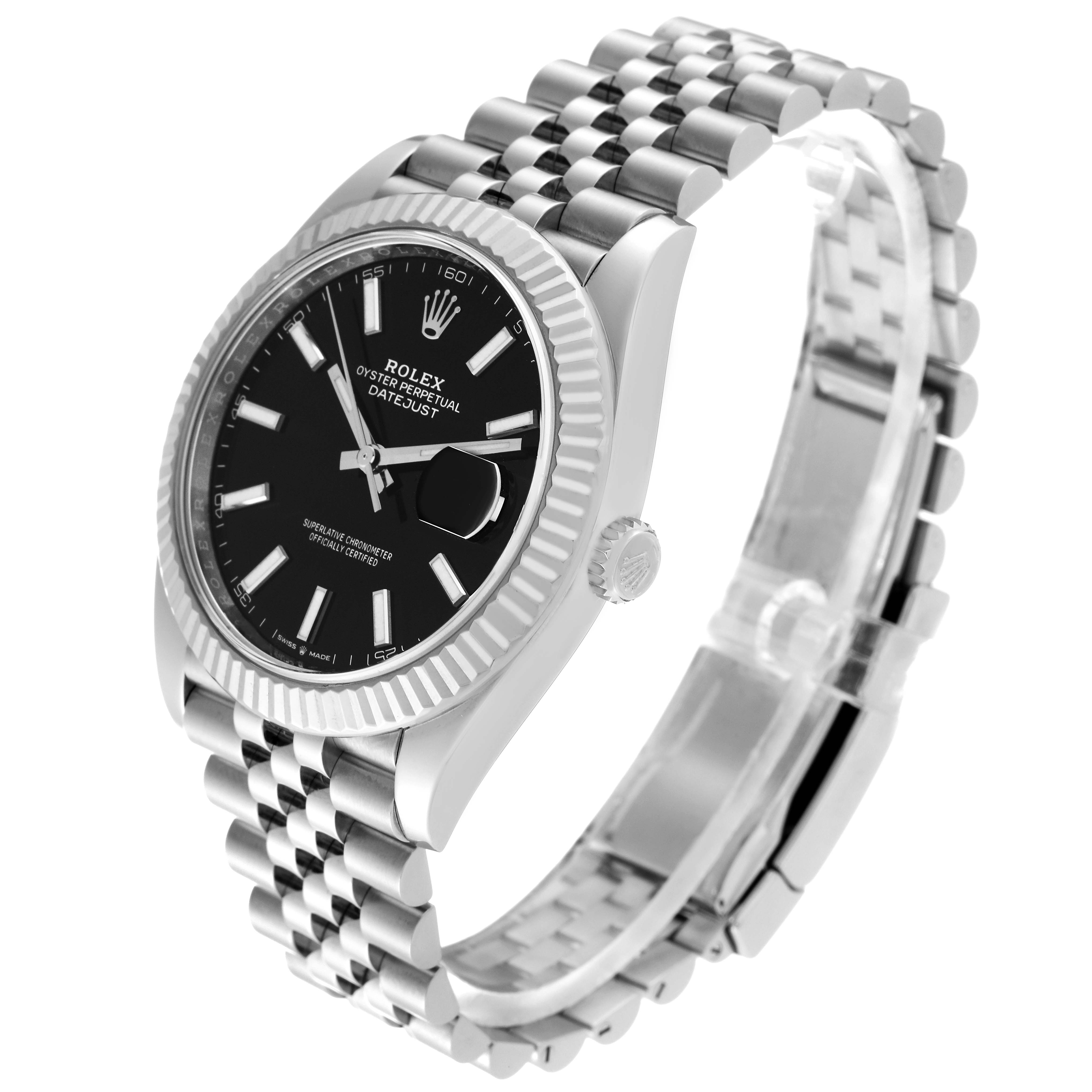 The image shows a Rolex Datejust 41 126334 Men
s Stainless Steel Black Dial 126334 Men
s Stainless Steel Black Dial watch angled from the front left, displaying its black dial, bezel, crown, and Jubilee bracelet.