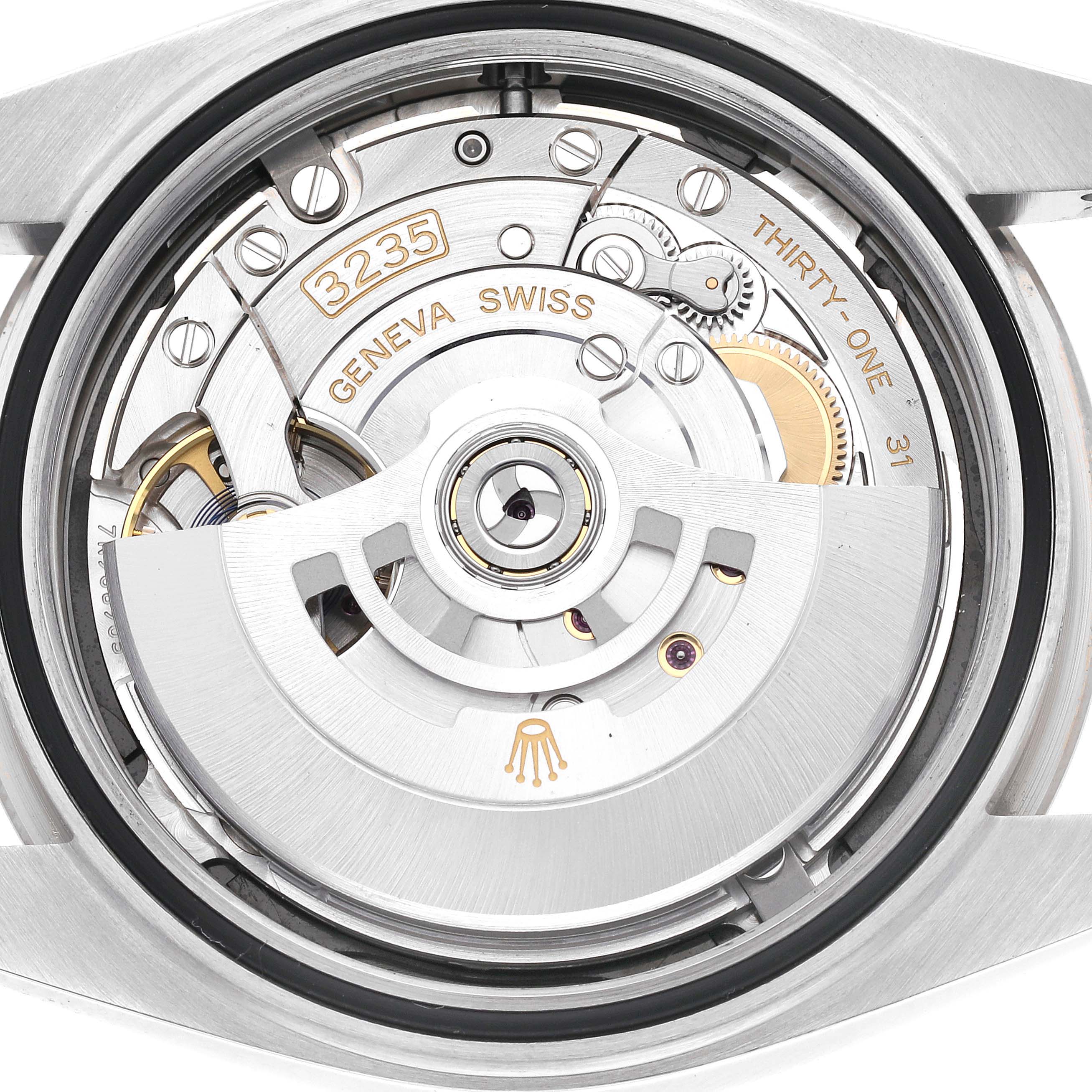 The image shows a close-up of the movement mechanism from the back of a Rolex Datejust 41 126334 Men
s Stainless Steel Black Dial 126334 Men
s Stainless Steel Black Dial watch.