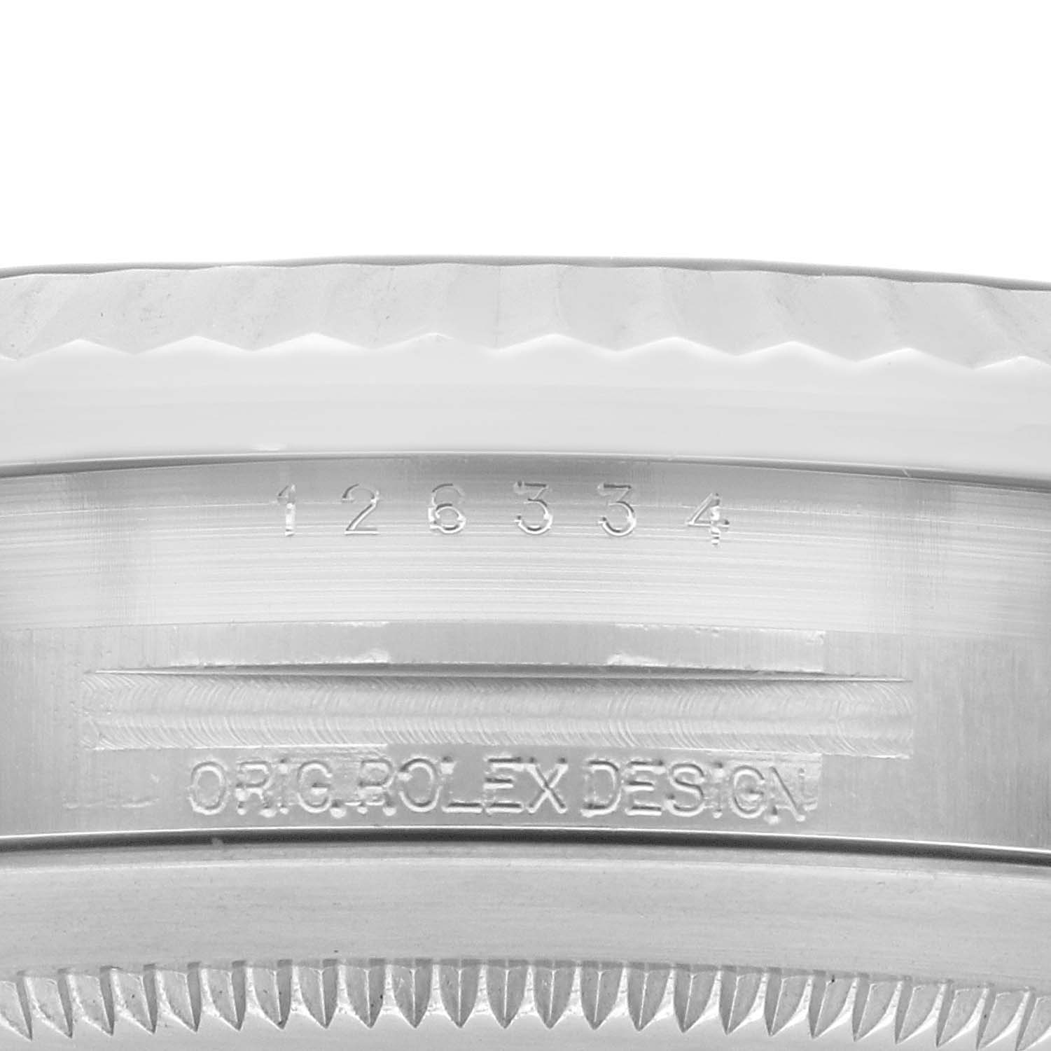 This image shows a close-up of the engravings on the case of a Rolex Datejust 41 126334 Men
s Stainless Steel Black Dial 126334 Men
s Stainless Steel Black Dial watch.