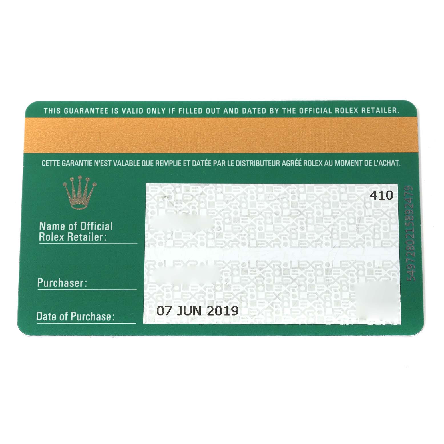 The image shows a guarantee card for the Rolex Datejust 41 126334 Men
s Stainless Steel Black Dial 126334 Men
s Stainless Steel Black Dial watch, displaying purchase details and official retailer information.