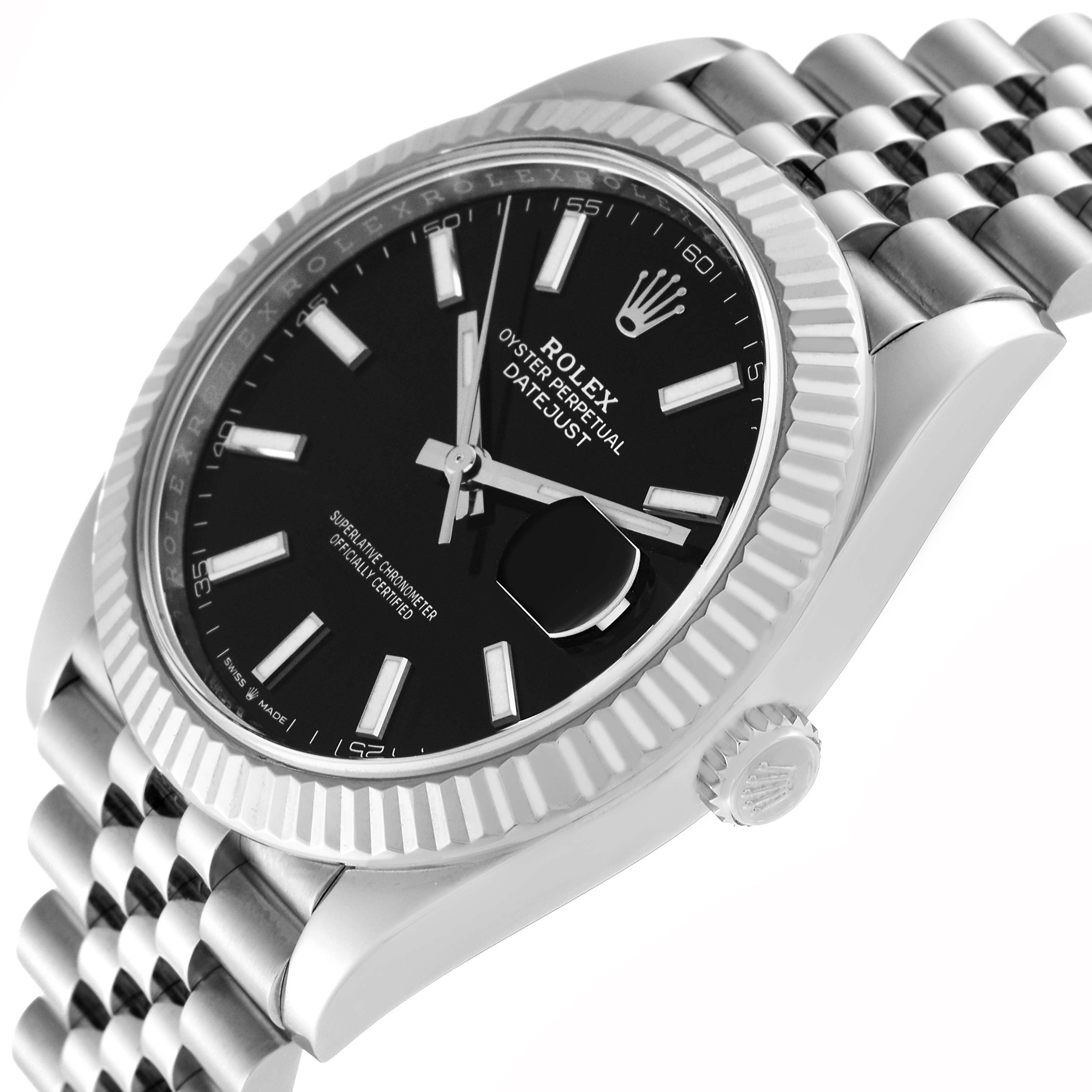 This image shows a close-up angled view of the face, bezel, and part of the strap of a Rolex Datejust 41 126334 Men
s Stainless Steel Black Dial 126334 Men
s Stainless Steel Black Dial watch.