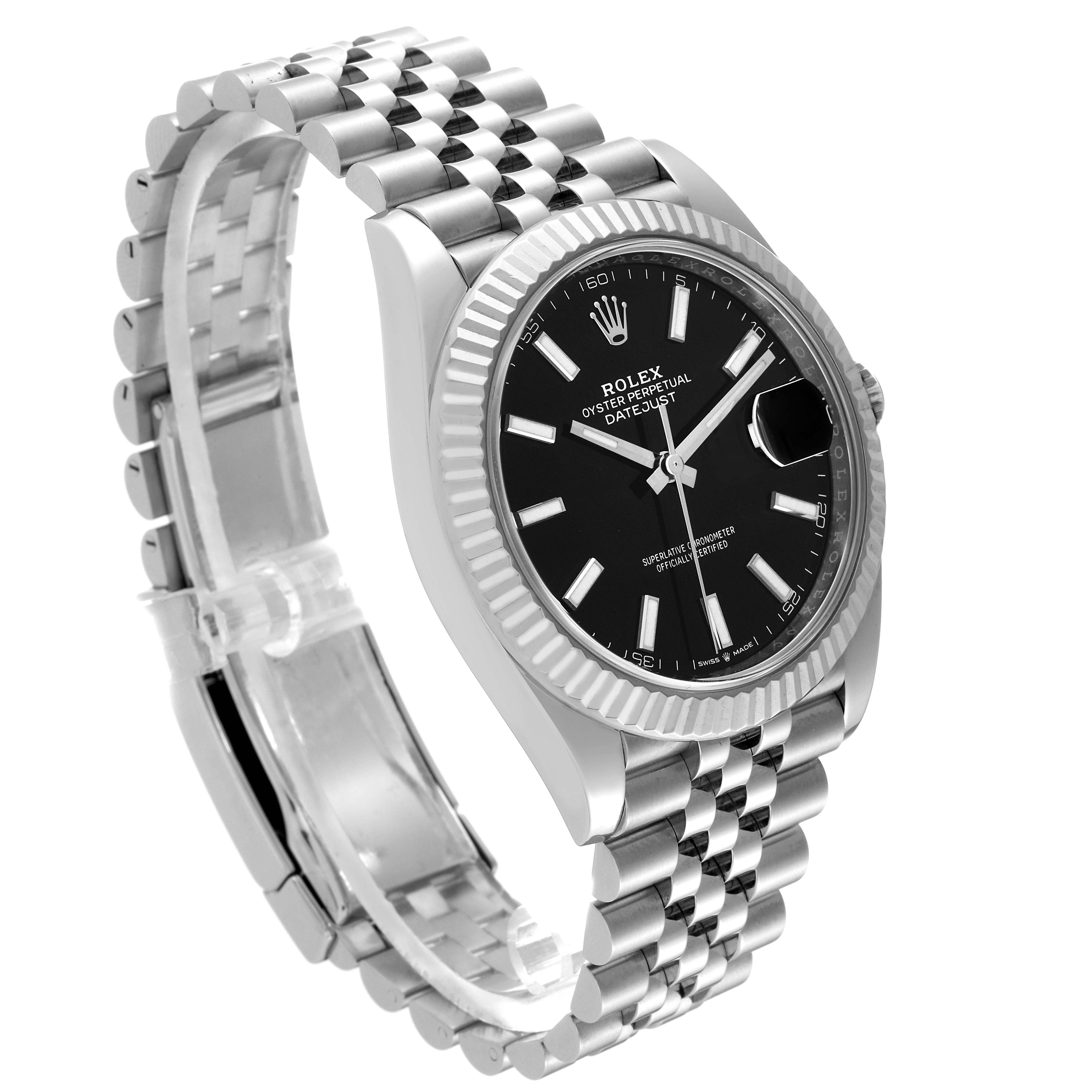 The Rolex Datejust 41 126334 Men
s Stainless Steel Black Dial 126334 Men
s Stainless Steel Black Dial is shown at a slight angle, displaying its black dial, fluted bezel, and Jubilee bracelet.