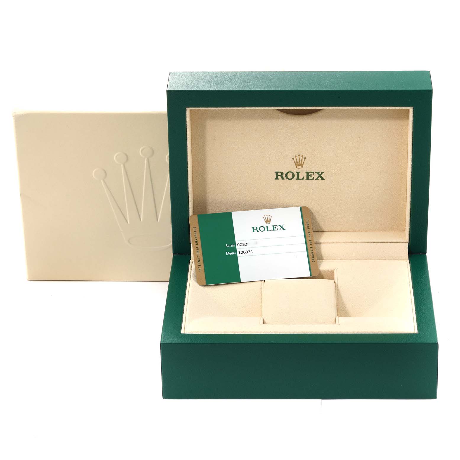 This image shows the packaging and warranty card for the Rolex Datejust 41 126334 Men
s Stainless Steel Black Dial 126334 Men
s Stainless Steel Black Dial model.