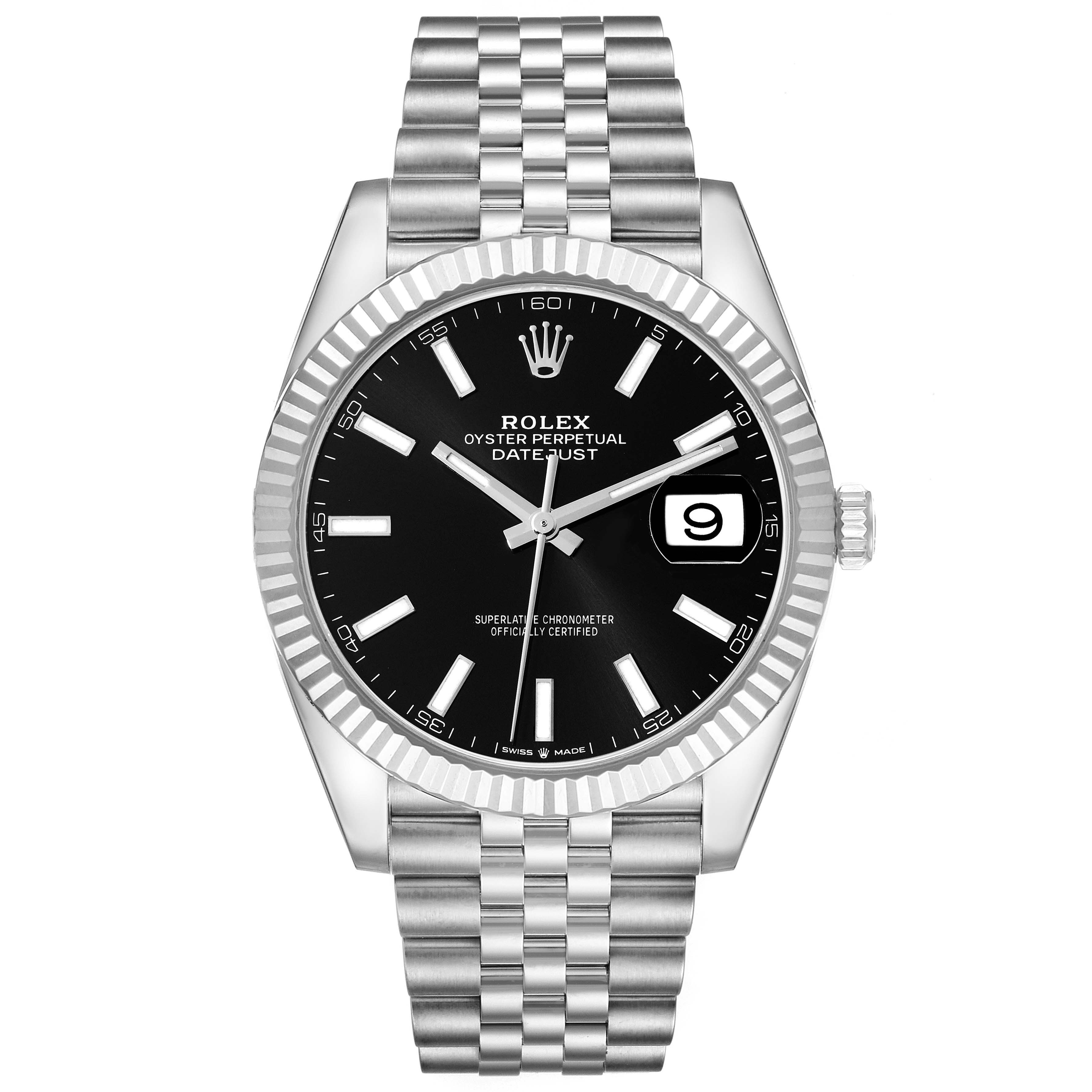 The image shows a front view of the Rolex Datejust 41 126334 Men
s Stainless Steel Black Dial 126334 Men
s Stainless Steel Black Dial watch, displaying the dial, bezel, crown, and bracelet.