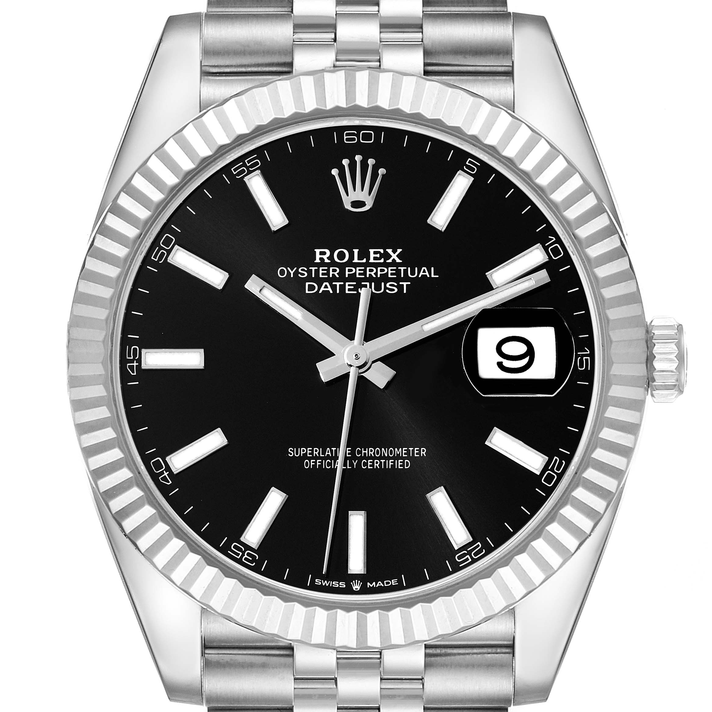 This image shows a frontal view of the Rolex Datejust 41 126334 Men
s Stainless Steel Black Dial 126334 Men
s Stainless Steel Black Dial wristwatch, highlighting its black dial, fluted bezel, and Jubilee bracelet.