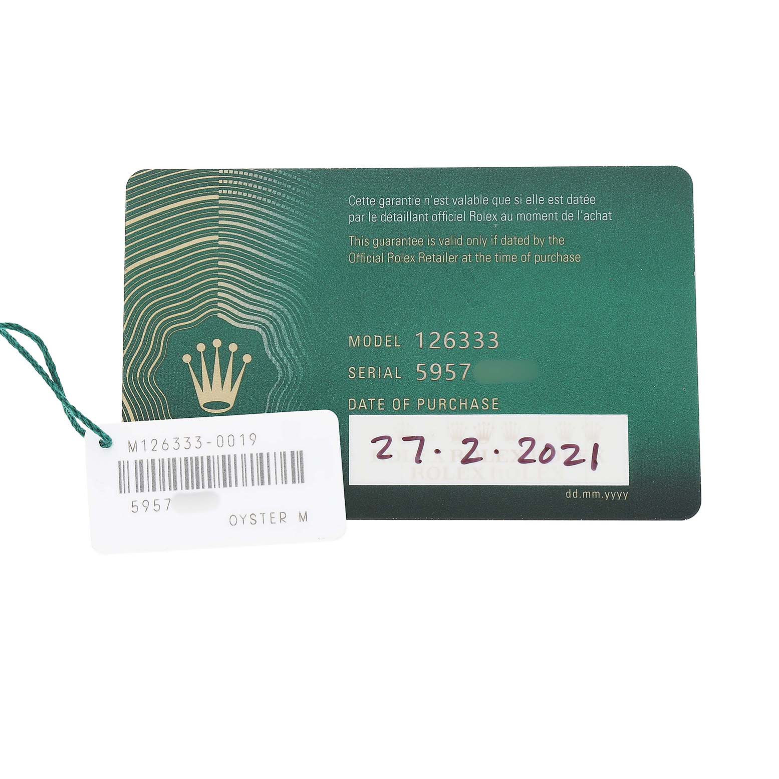 The image shows a warranty card for a Rolex Datejust 41 126333 Men's Steel and Gold (two tone) Grey Dial, with model and serial numbers visible.