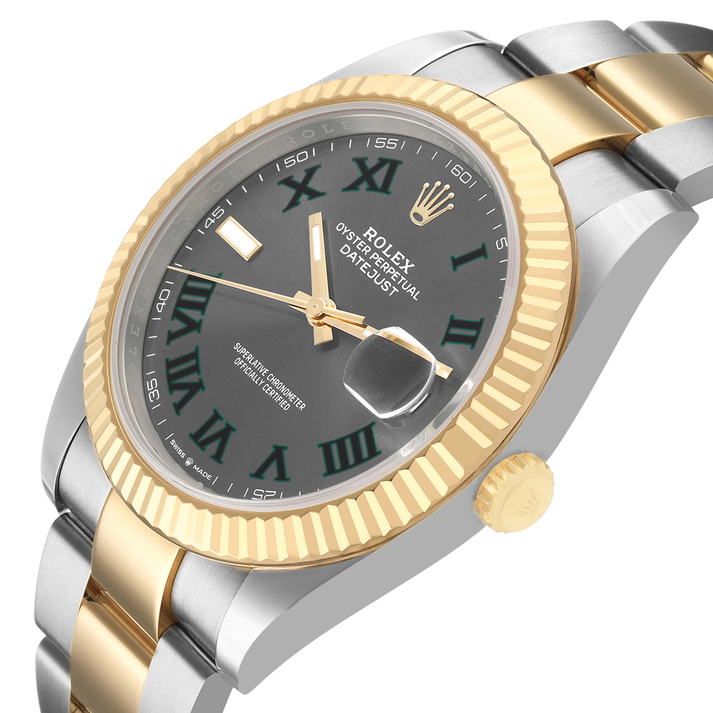 The Rolex Datejust 41 126333 Men's Steel and Gold (two tone) Grey Dial is shown at an angled side view, highlighting the dial, bezel, crown, and part of the bracelet.
