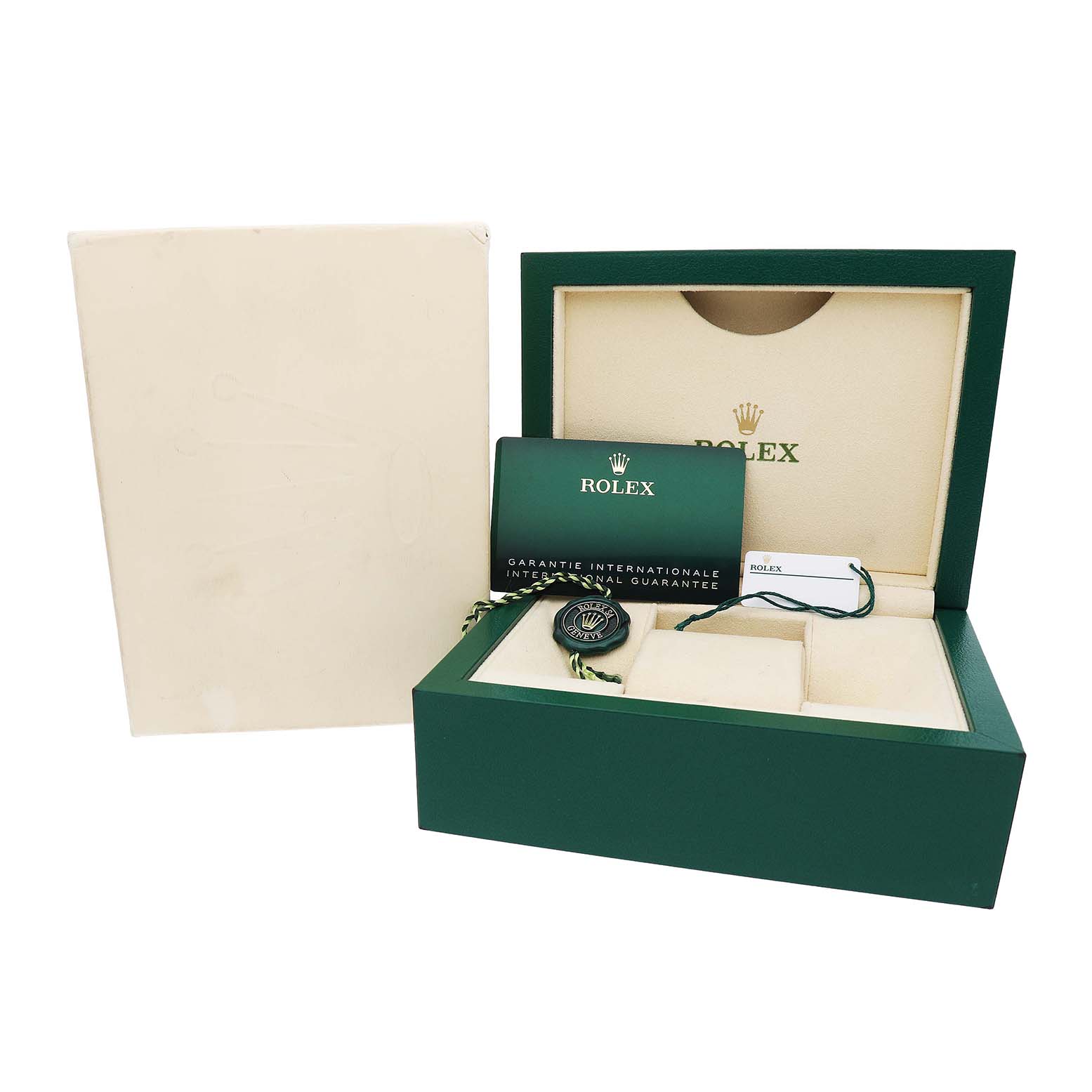 The image shows the Rolex Datejust 41 126333 Men's Steel and Gold (two tone) Grey Dial packaging box, with the warranty card and a seal placed inside.