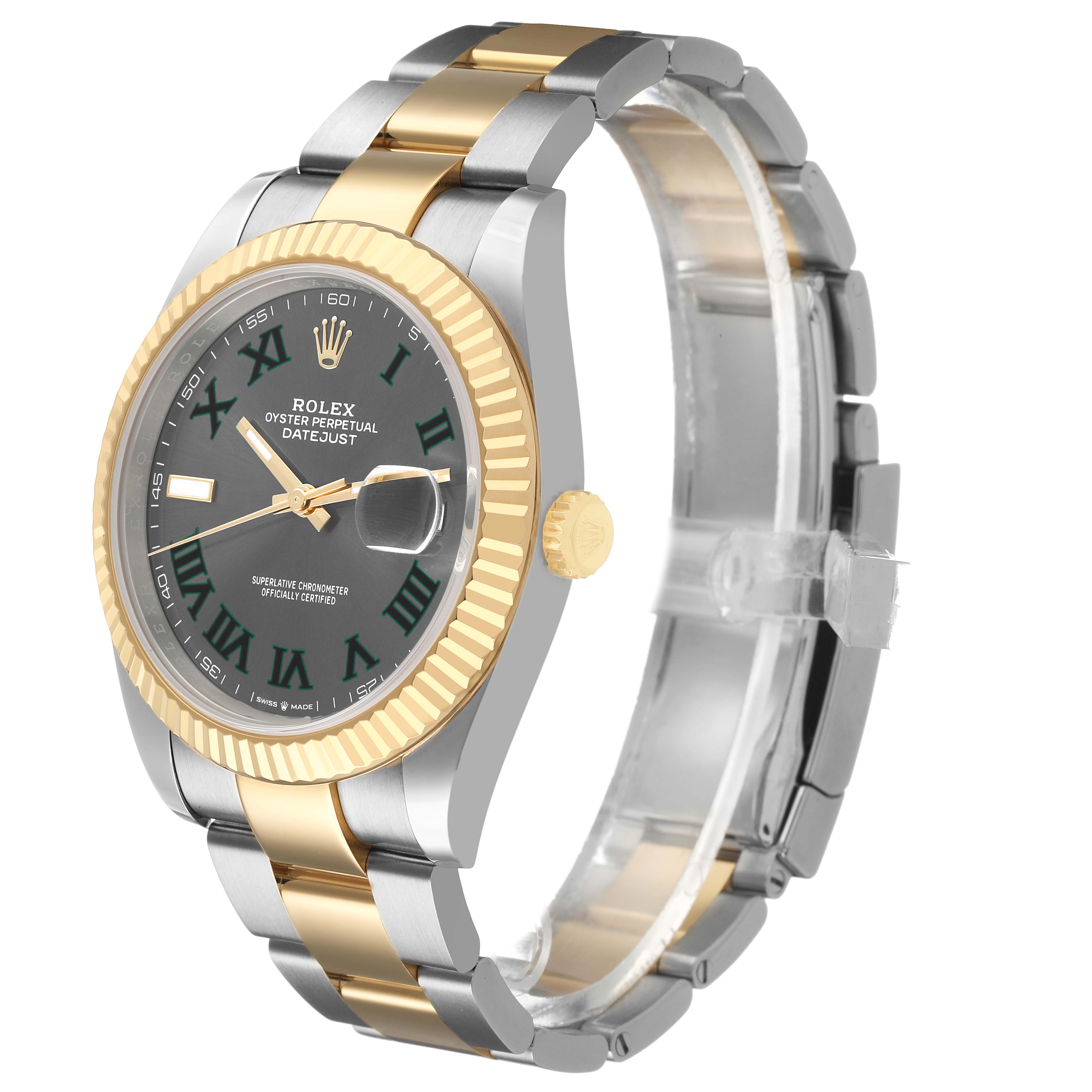The Rolex Datejust 41 126333 Men's Steel and Gold (two tone) Grey Dial is shown at a three-quarter angle, highlighting the dial, bezel, bracelet, and crown.