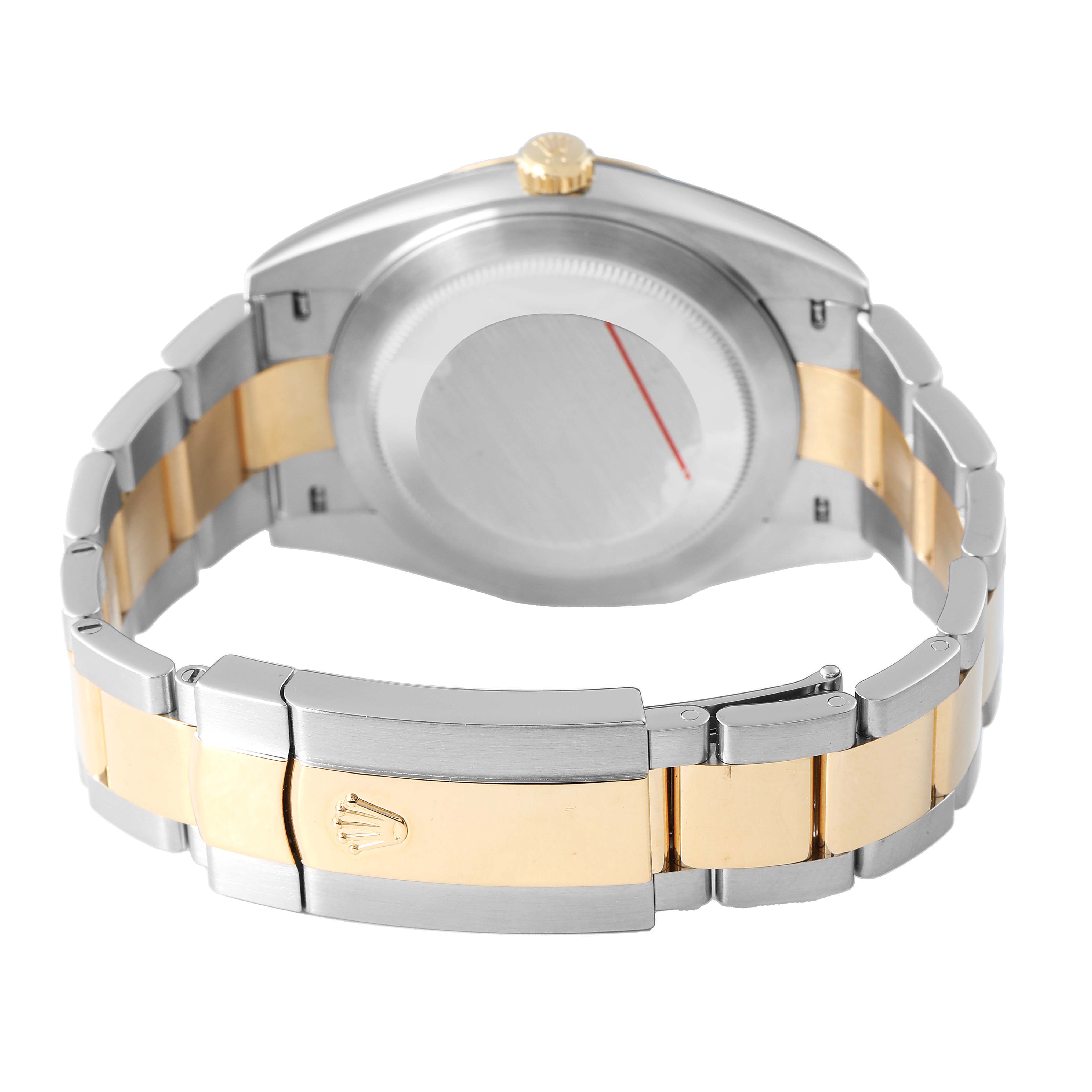 The Rolex Datejust 41 126333 Men's Steel and Gold (two tone) Grey Dial is shown from the back, highlighting the bracelet, clasp, and case back.