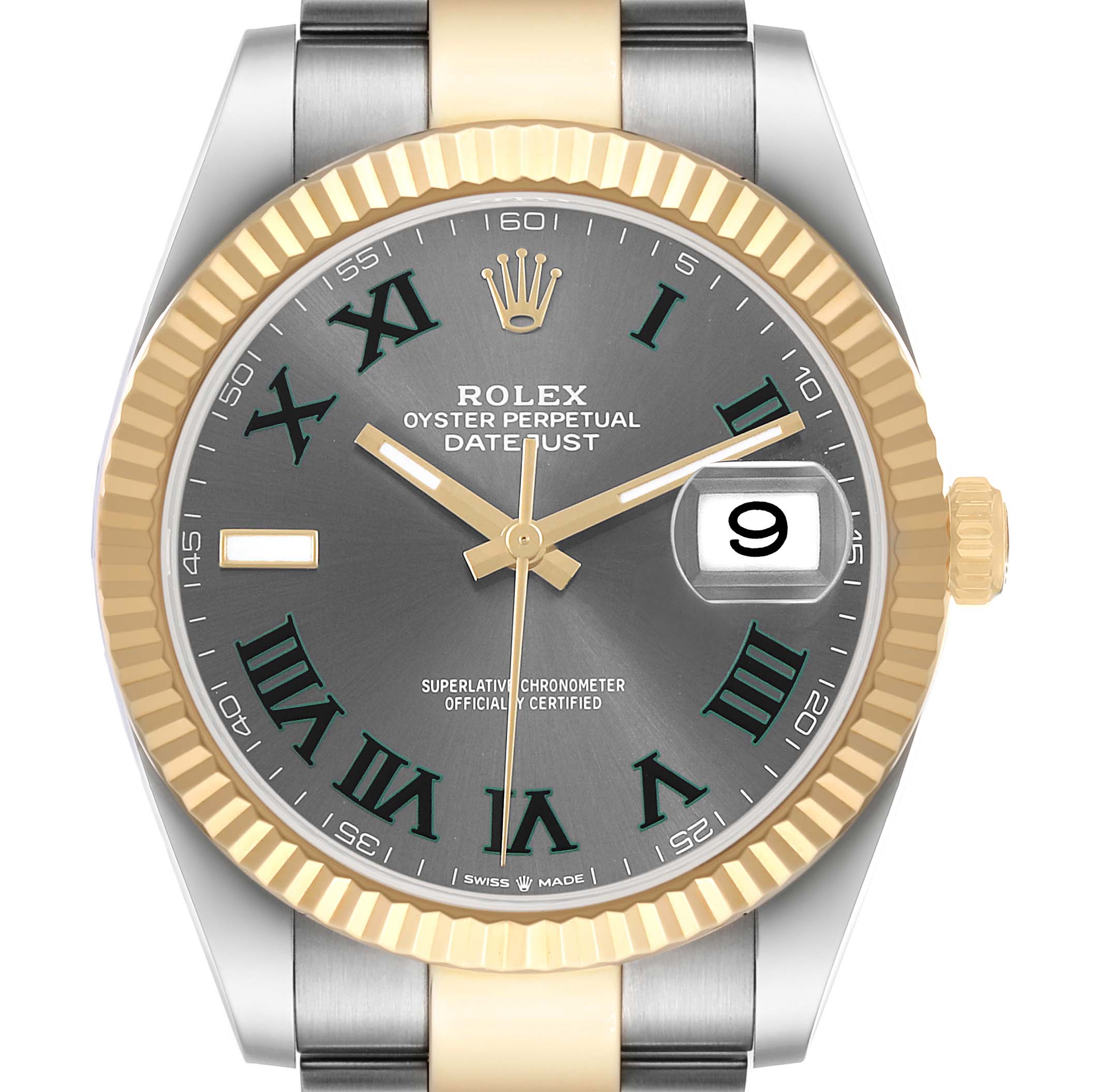 The Rolex Datejust 41 126333 Men's Steel and Gold (two tone) Grey Dial is shown from a front-facing angle, highlighting the dial, fluted bezel, and part of the bracelet.