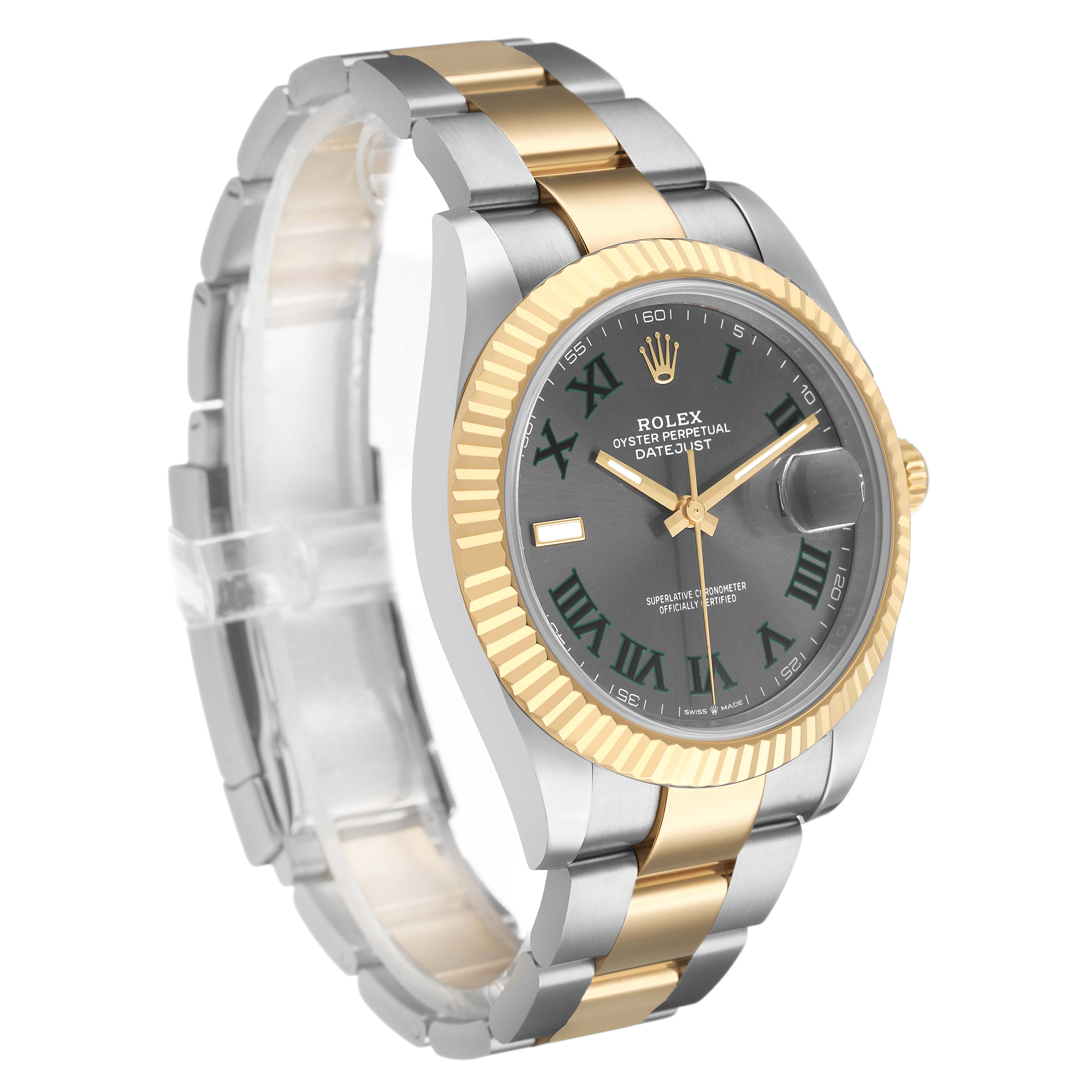 The Rolex Datejust 41 126333 Men's Steel and Gold (two tone) Grey Dial is shown at a three-quarter angle, highlighting the dial, bezel, and bracelet link design.