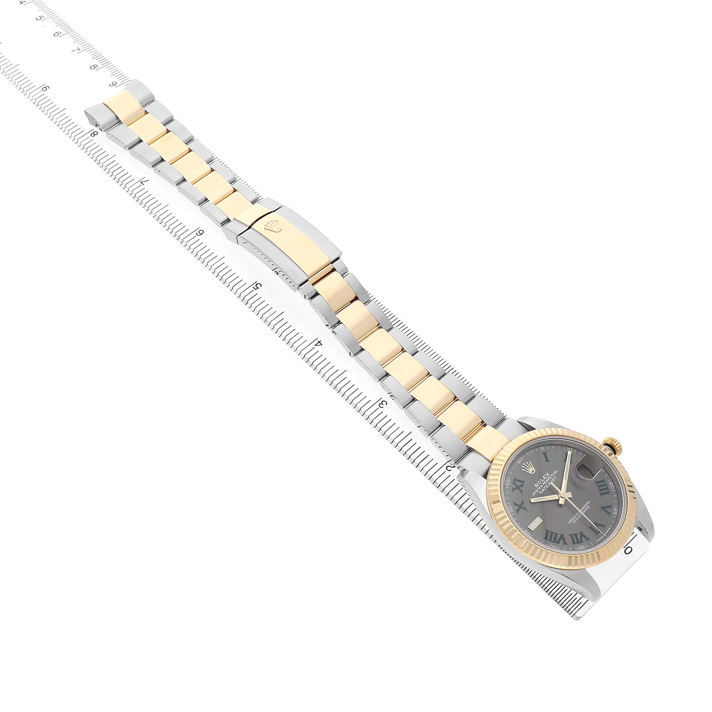 The Rolex Datejust 41 126333 Men's Steel and Gold (two tone) Grey Dial is shown from a top-down angle, highlighting the face and the full length of the bracelet.